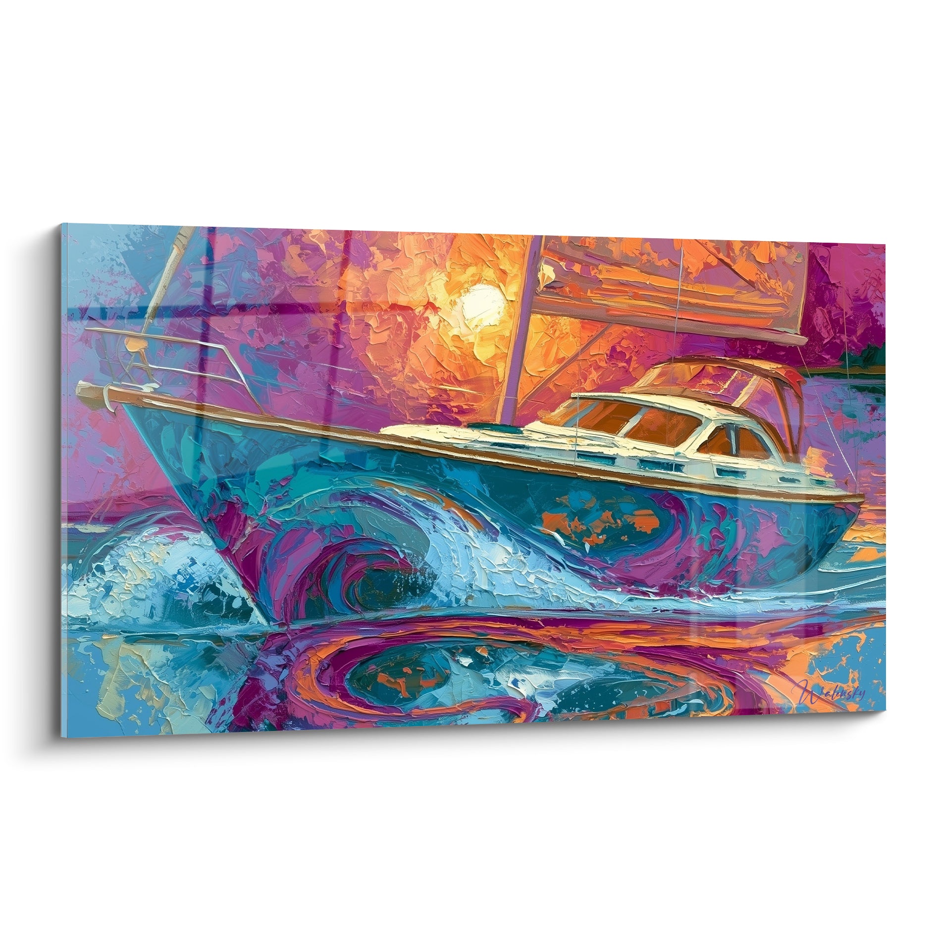 Bateau abstrait turquoise et violet fendant des vagues sous un soleil orangé flamboyant
