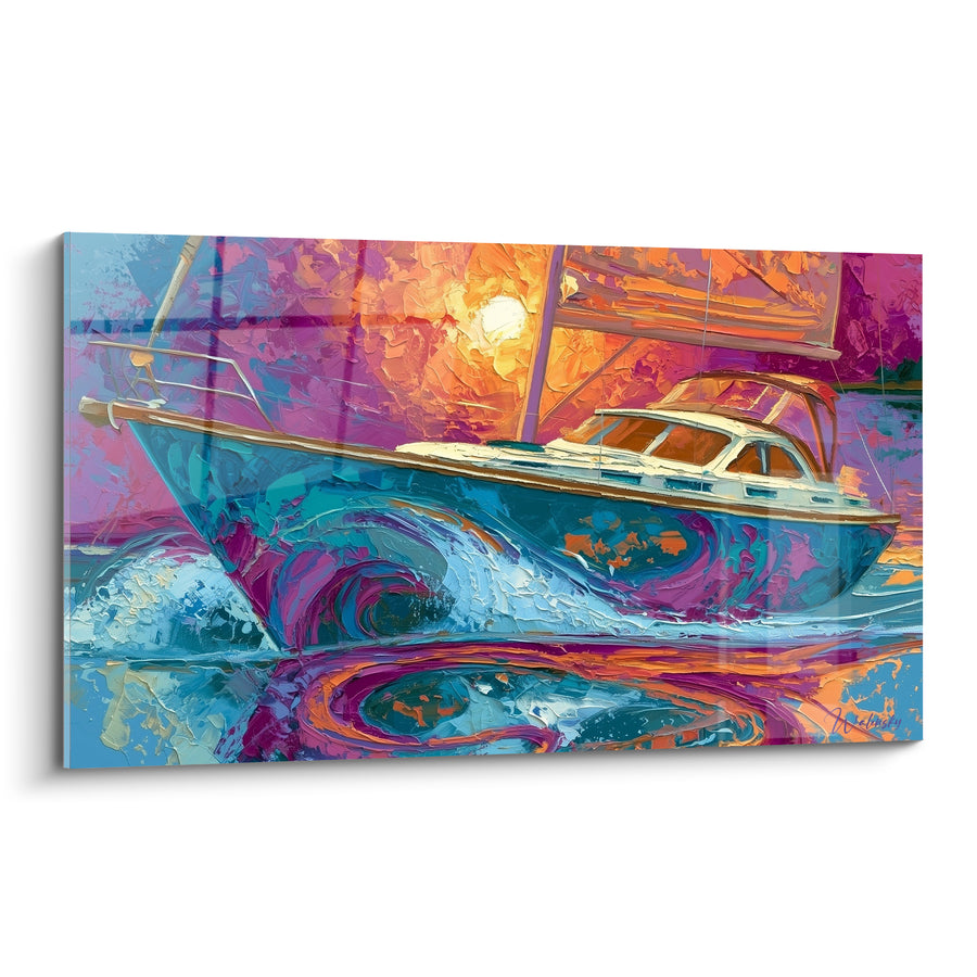 Gemälde Yacht türkis und magenta durchschneidet einen Strudel - Kabine mit Glasdach - Edition Abstrakte Bootskunst