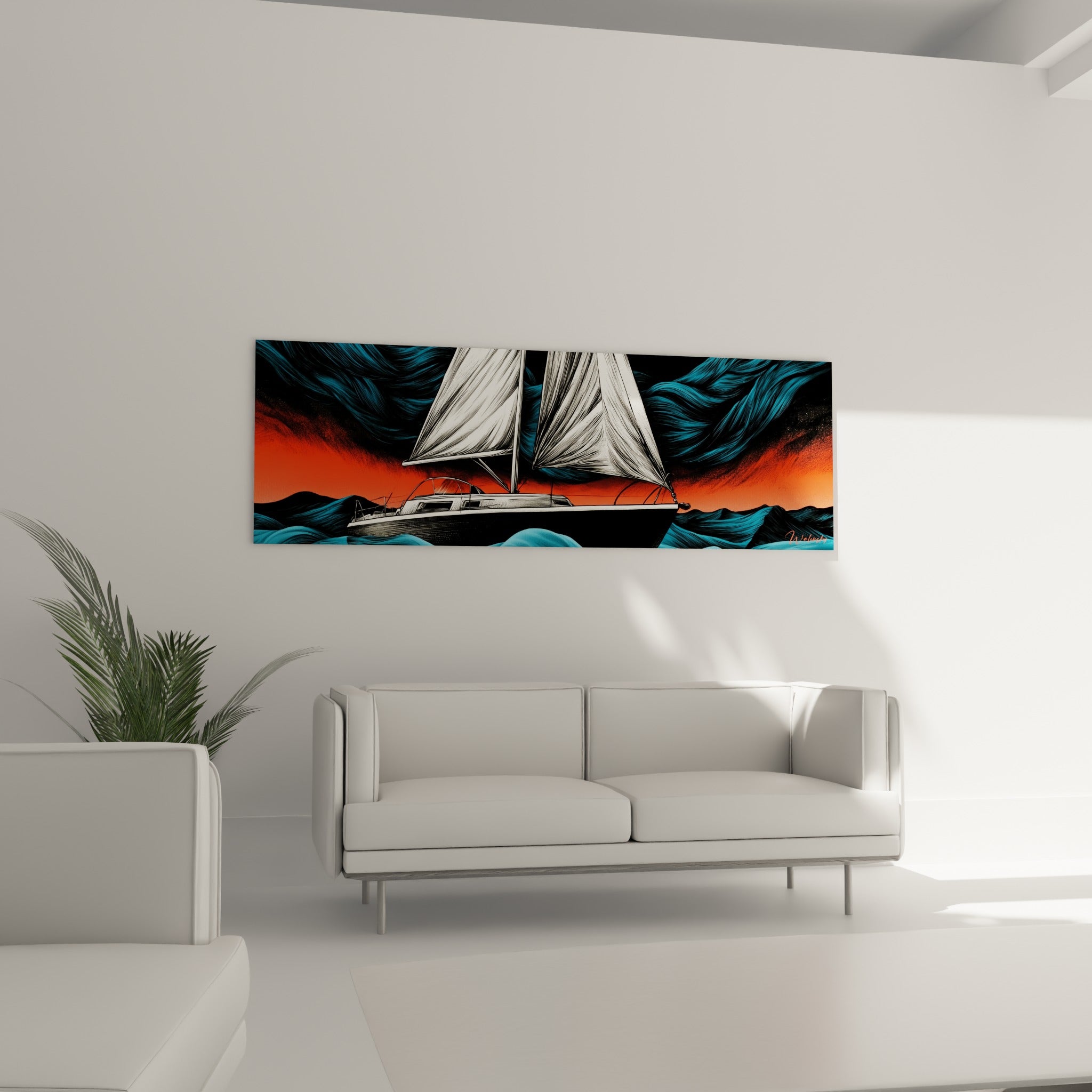 Deux voiles blanches déployées face à un horizon corail intense, au-dessus d'un canapé dans un salon lumineux