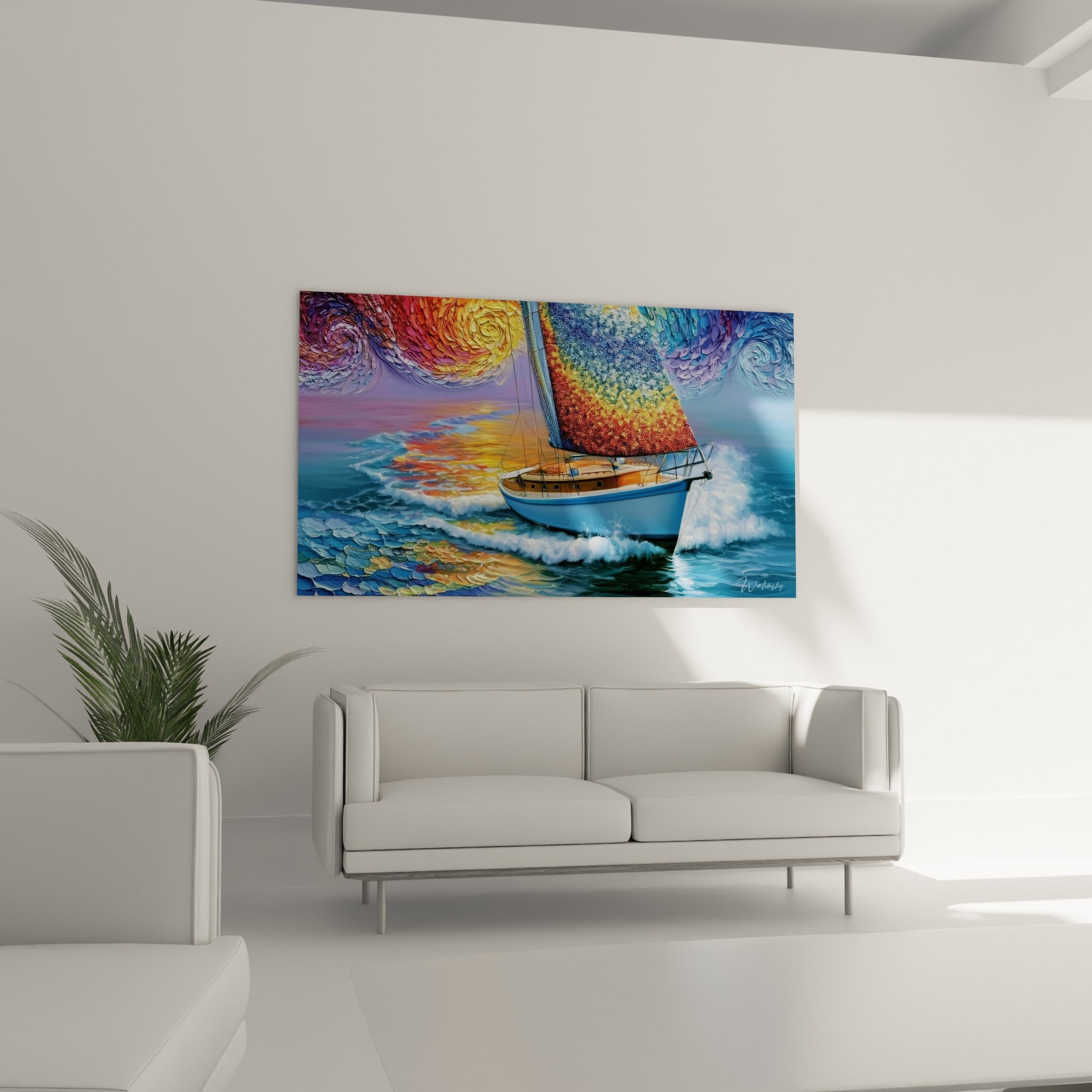 Voilier ocre et bleu marine voguant sur une mer d'écume, placé au-dessus d'un canapé dans un salon lumineux