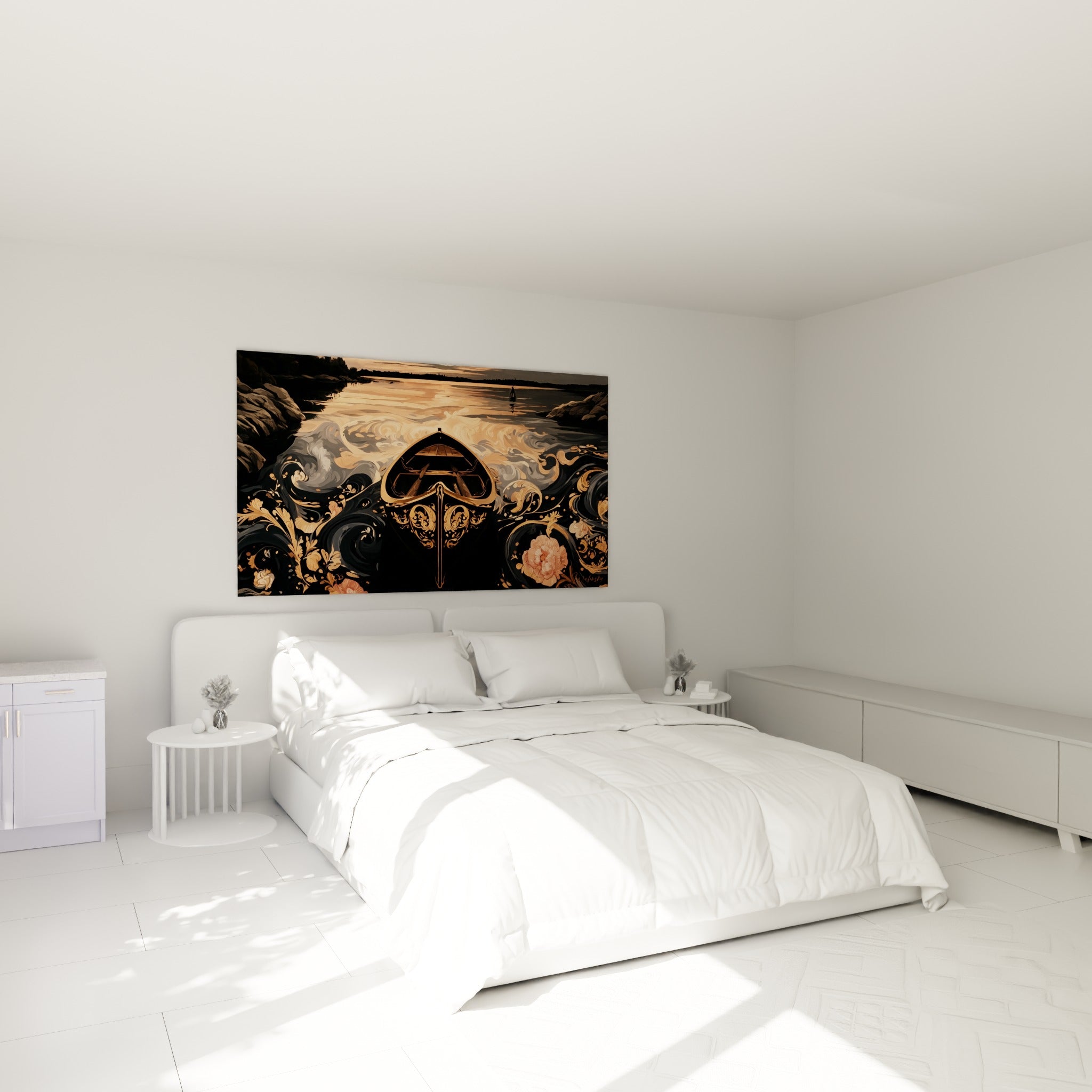 Embarcation dorée et anthracite entourée de vagues florales roses, au-dessus d'un lit dans une chambre claire