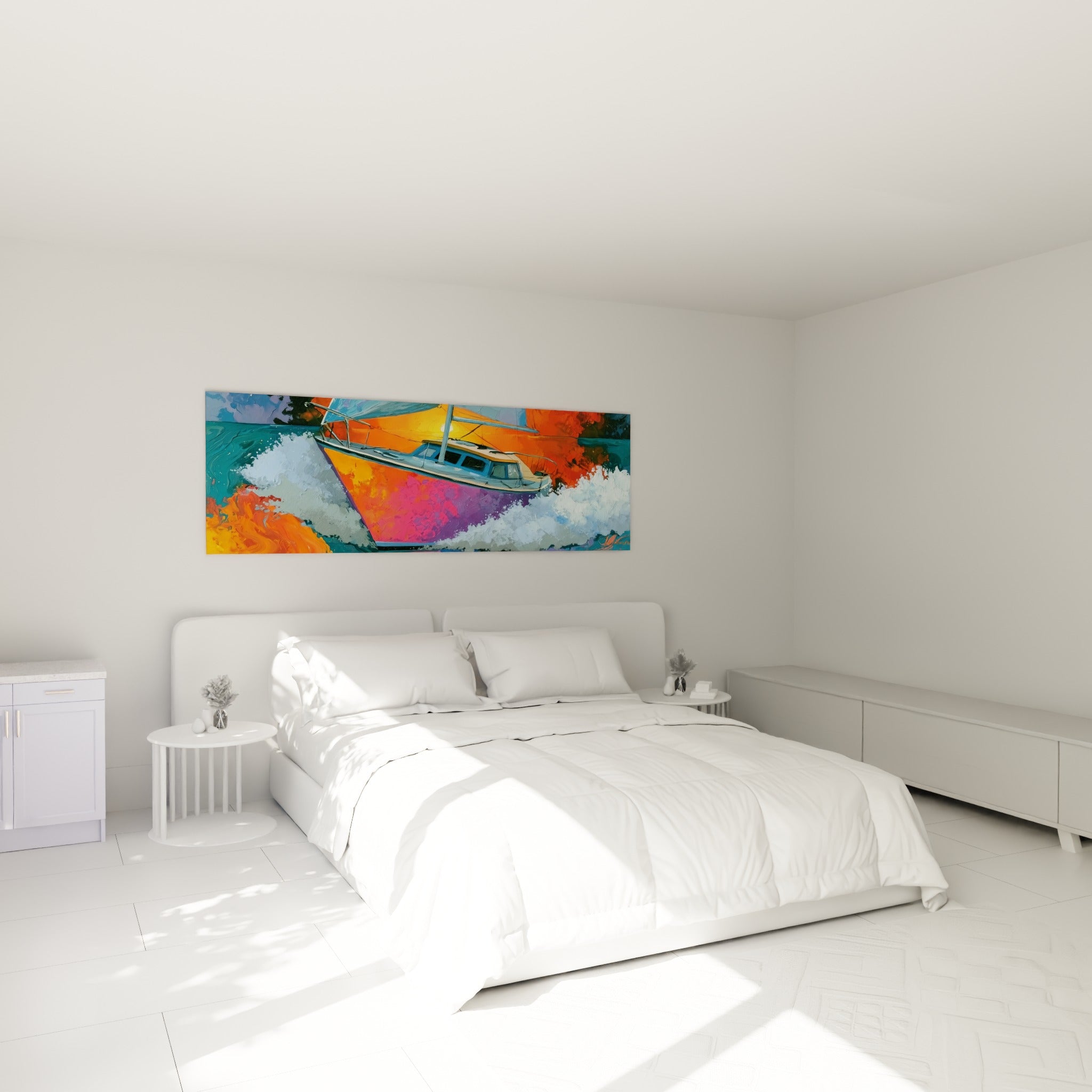 Voilier orange et violet aux vagues blanches, tableau bateau abstrait au-dessus d'un lit dans une chambre claire