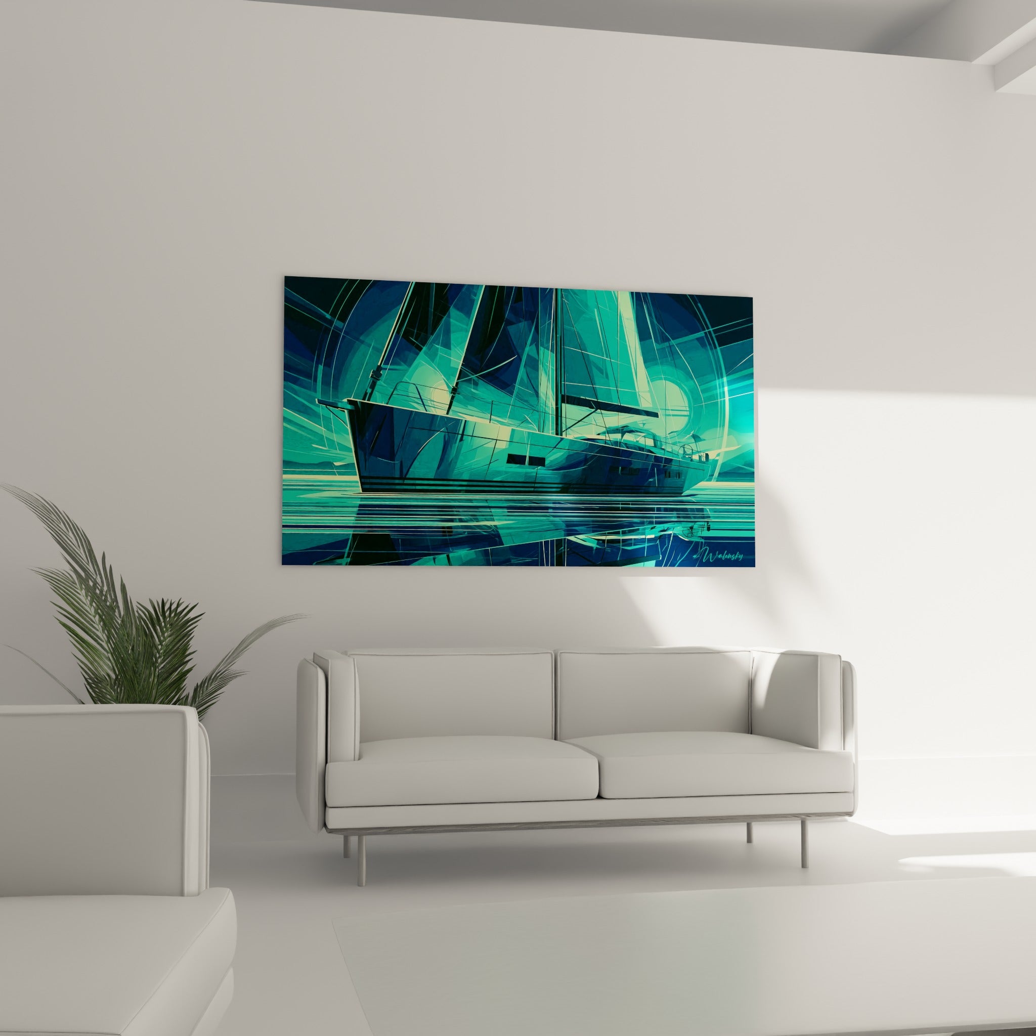 Voilier bleu nuit et vert émeraude à la lumière dorée, au-dessus d'un canapé dans un salon lumineux