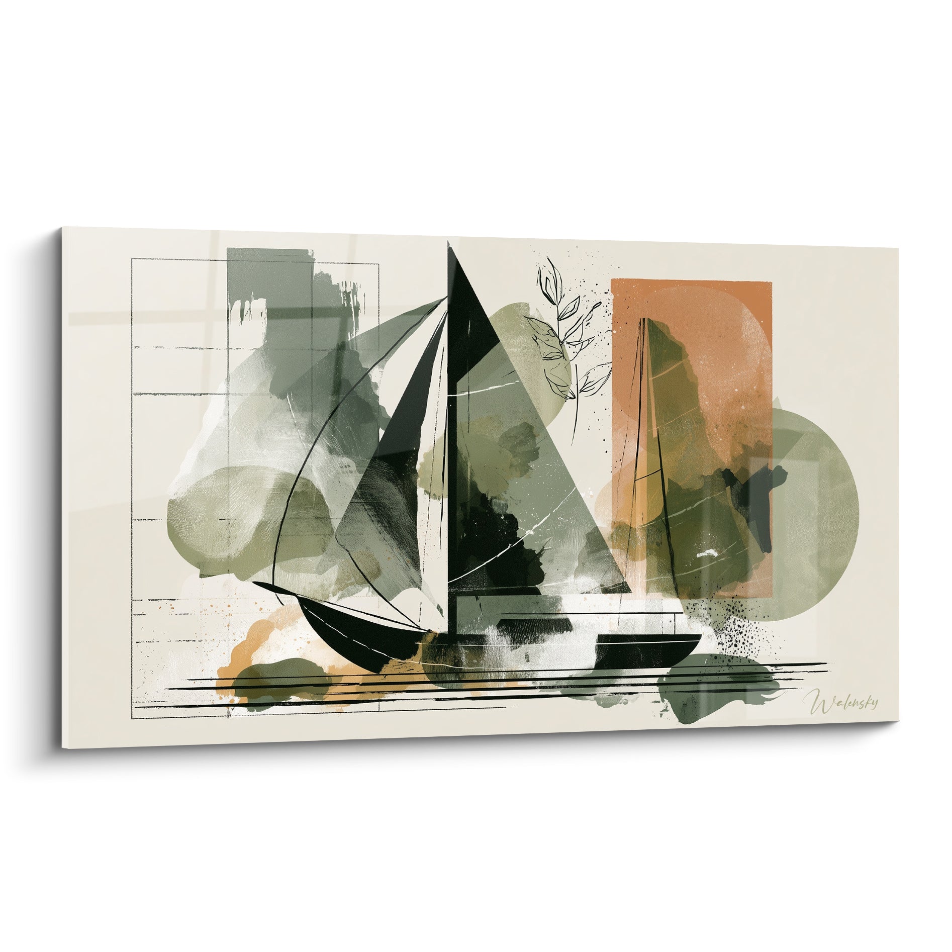 Voilier abstrait en noir encre, vert sauge et terracotta sur fond ivoire épuré