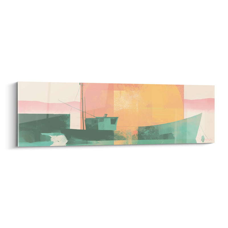 Tableau Bateau de pêche vert et orangé - Halte au crépuscule - Edition Bateau abstrait