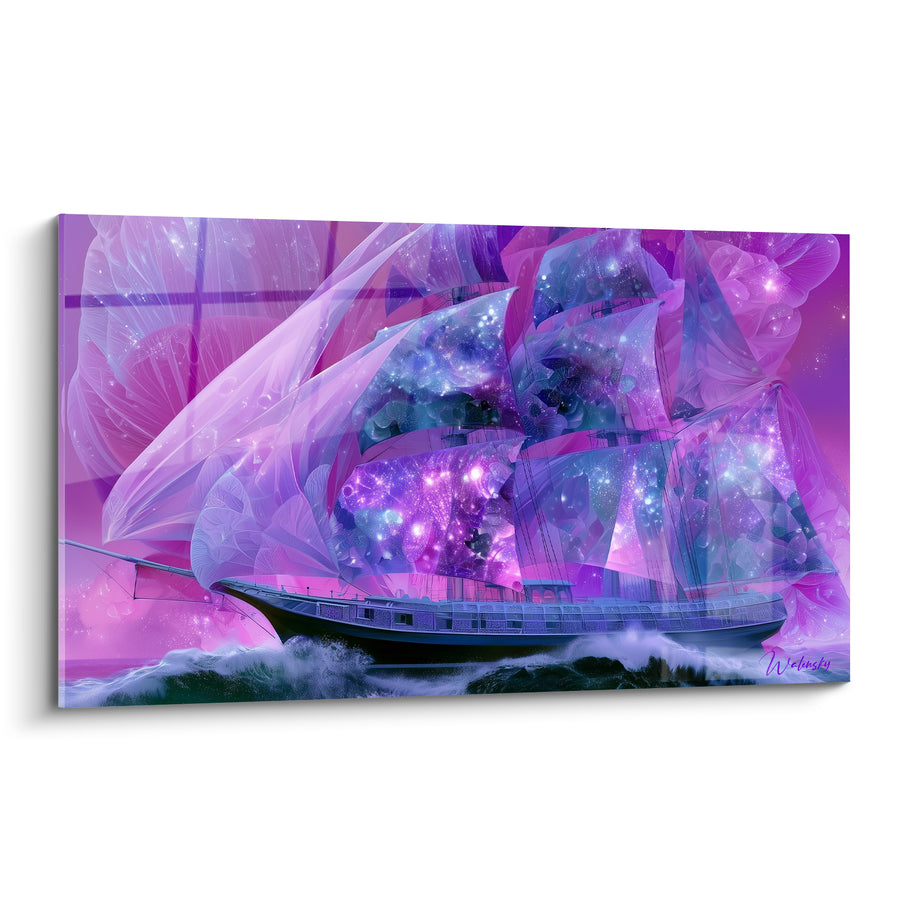 Segelboot-Gemälde Violett und Rosa mit sternenbesetzter Segeln - Blütenblätter aus durchscheinenden Blüten - Edition Abstrakte Bootskunst