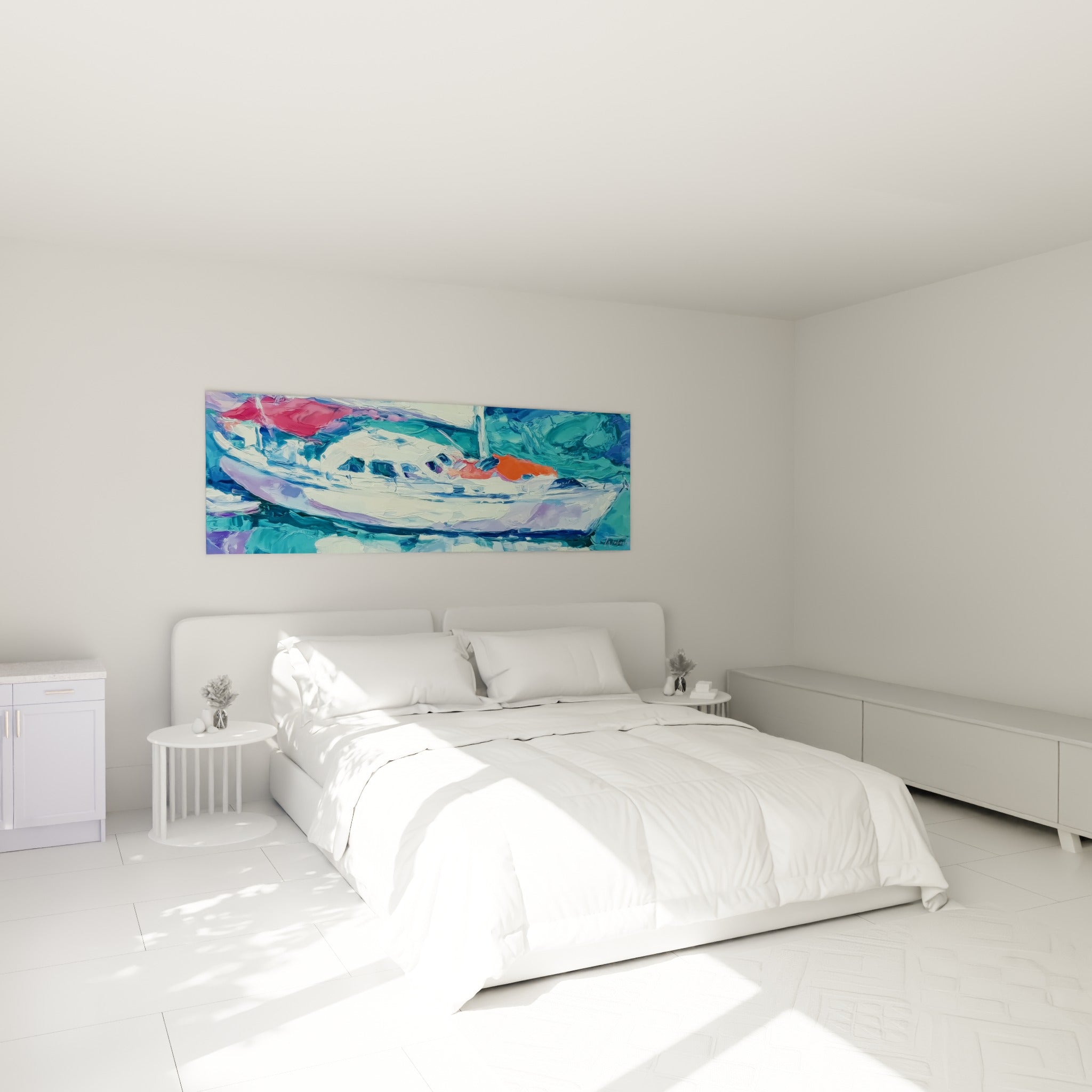 Bateau abstrait aux teintes violettes et turquoise, au-dessus d'un lit dans une chambre claire