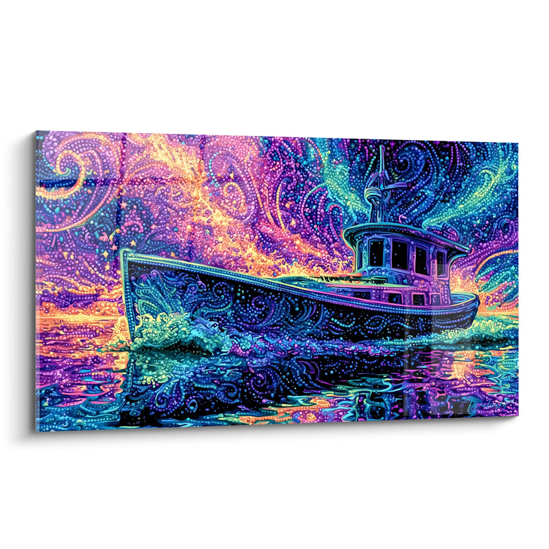Tableau Chalutier violet et turquoise aux motifs psychédéliques - Odyssée hallucinée - Edition Bateau abstrait