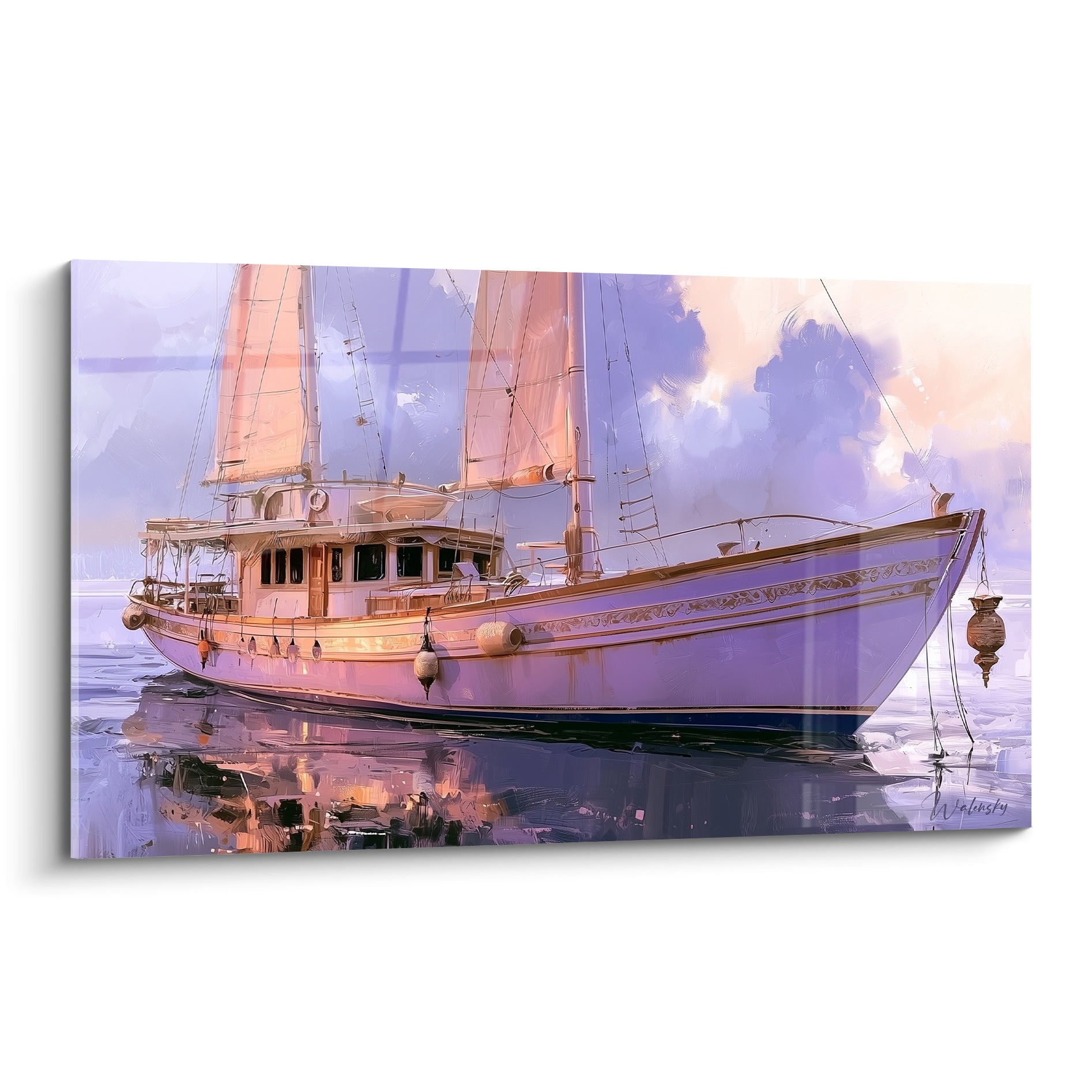 Voilier violet aux voiles orangées glissant sur une eau calme, tableau Bateau abstrait aux reflets pastel