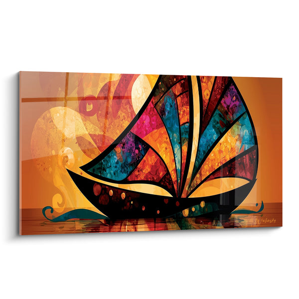 Black Sailboat Painting with Turquoise and Purple Stained Glass Sails - Ochre Stylized Waves - Abstract Boat Edition