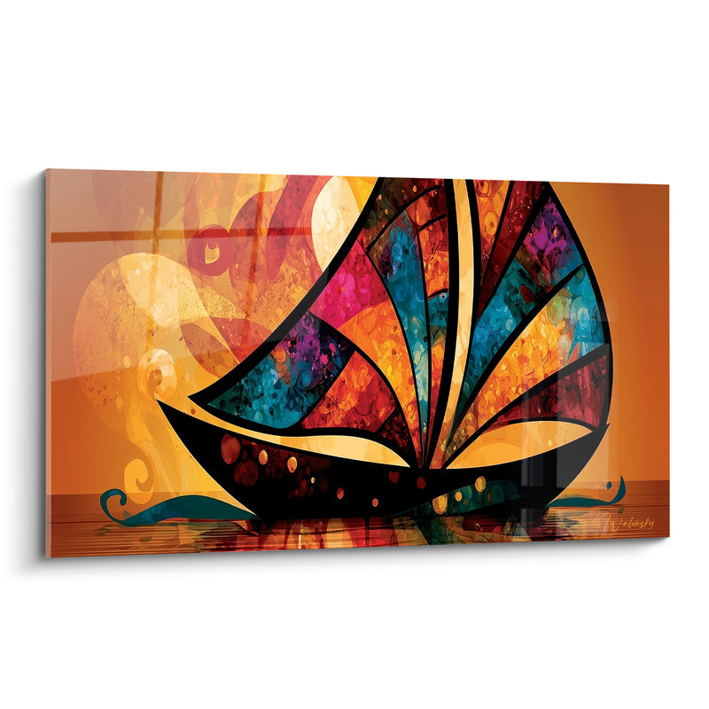 Tableau Voilier noir aux voiles vitraux turquoise et pourpre - Vagues stylisées ocre - Edition Bateau abstrait