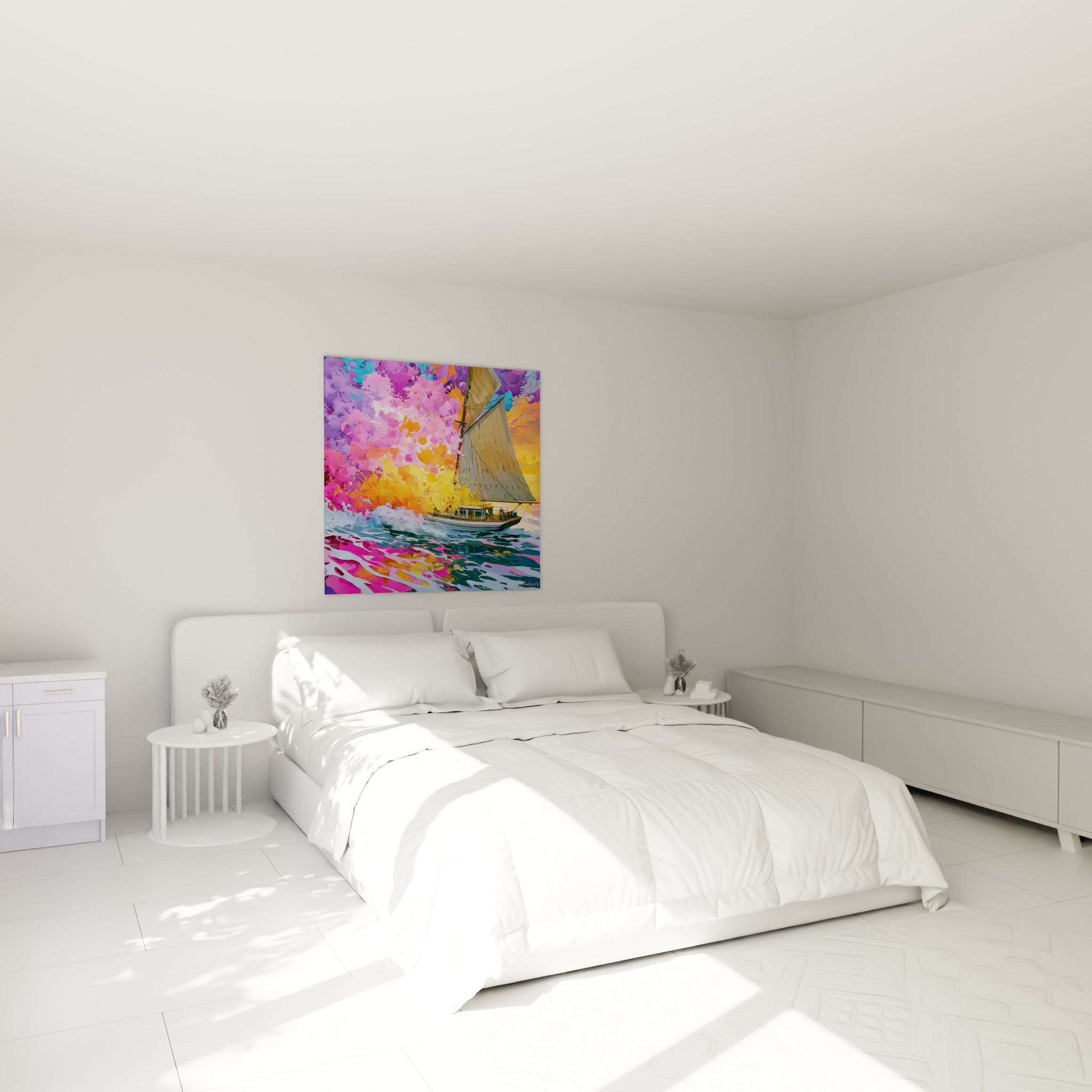 Voilier aux voiles beiges entouré de tons violets et roses, accroché au-dessus d'un lit dans une chambre claire