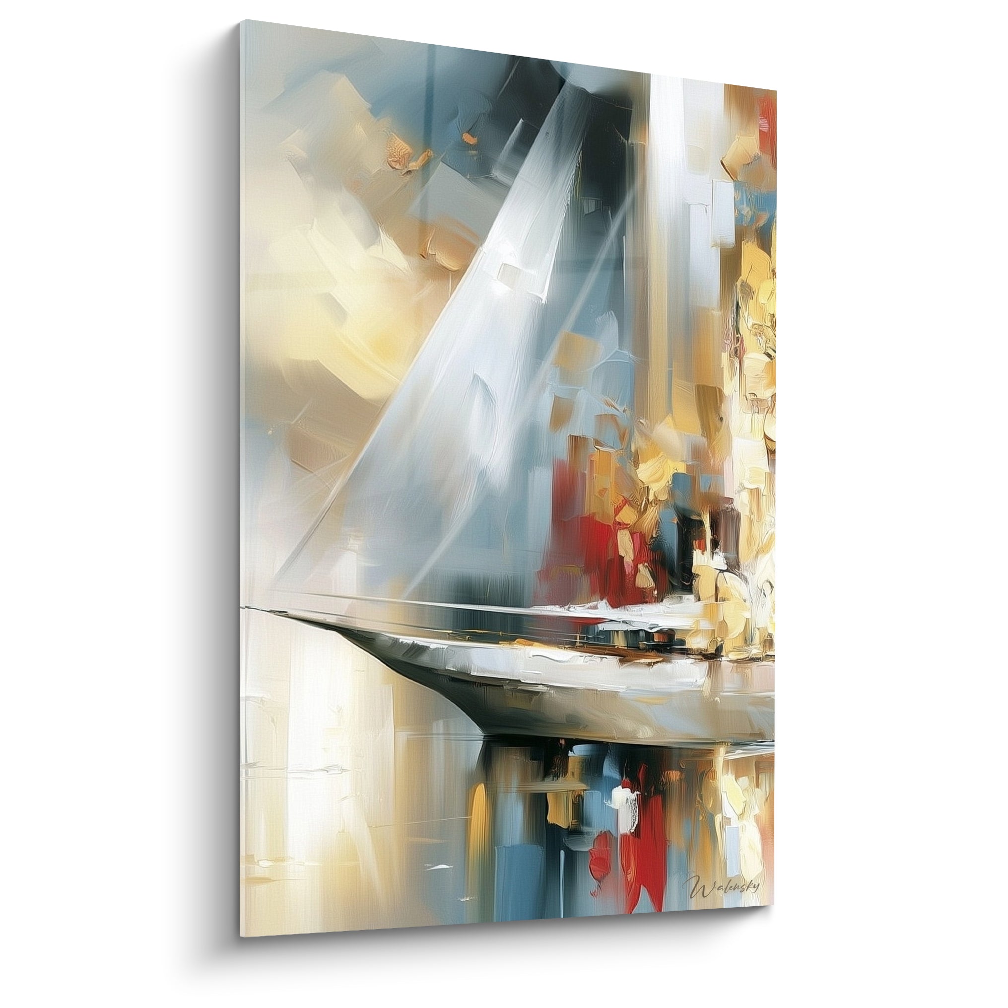 Voilier abstrait blanc et doré aux reflets bleu ardoise et rouge sourd sur toile