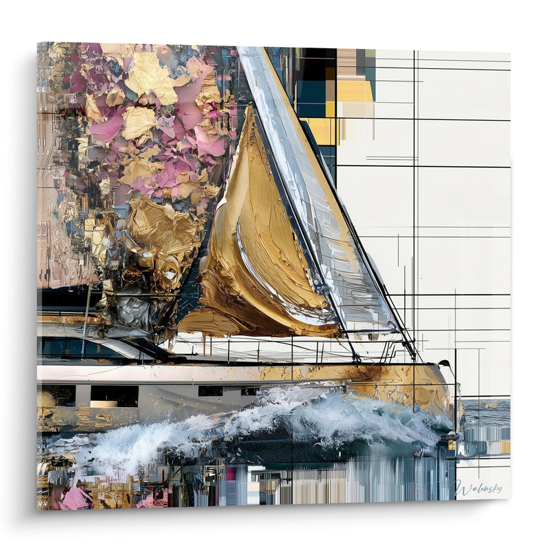 Tableau Voilier doré aux voiles argentées - Élan marin - Edition Bateau abstrait