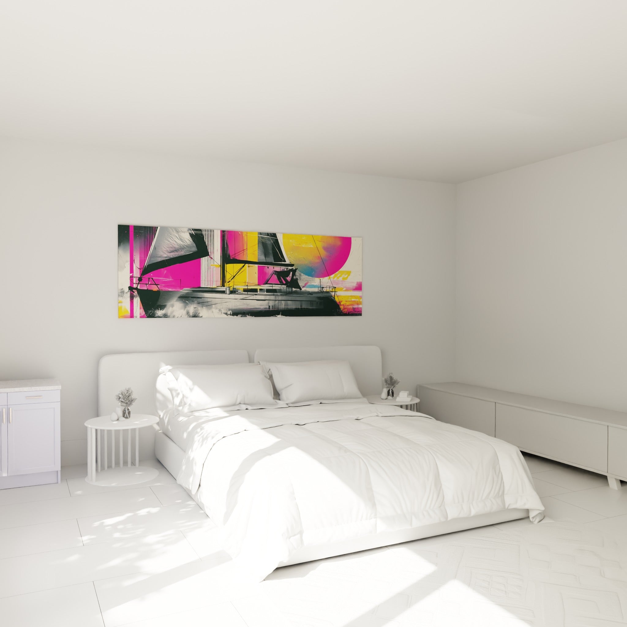 Voilier anthracite filant sur des vagues d'écume blanche, tableau bateau abstrait au-dessus d'un lit dans une chambre claire