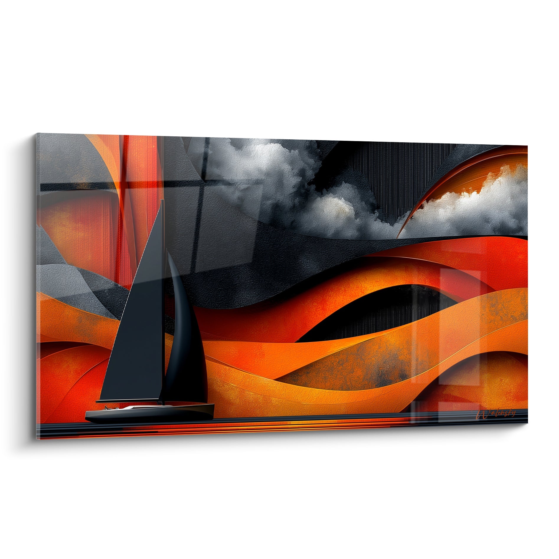 Voilier noir mat glissant sur des vagues orange incandescent sous un ciel anthracite orageux