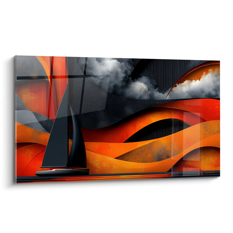 Tableau Voilier noir aux vagues orangées sous nuage blanc - Ciel strié charbon - Edition Bateau abstrait