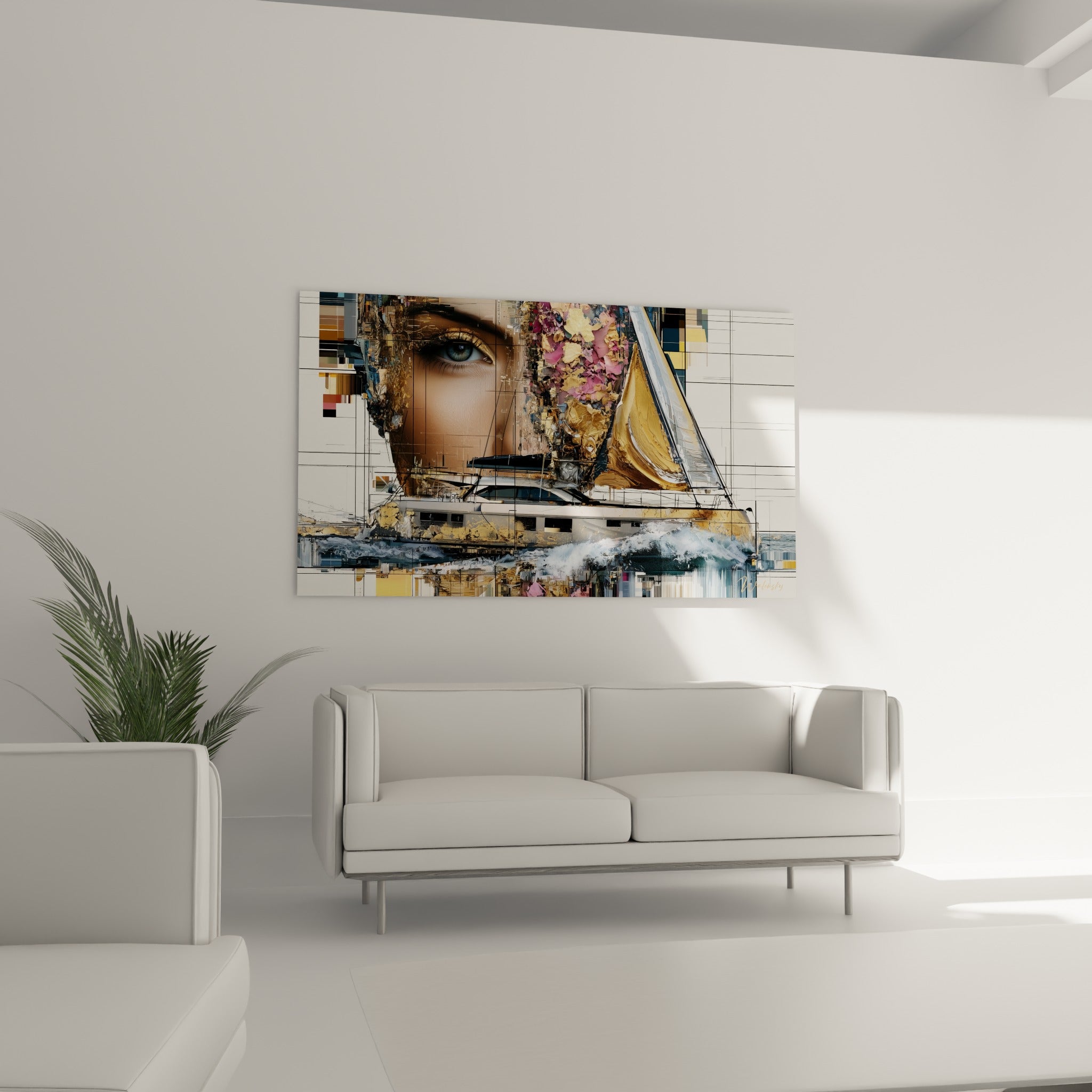 Voilier doré et regard bleu pastel de ce tableau bateau abstrait accrochés au-dessus d'un canapé dans un salon lumineux