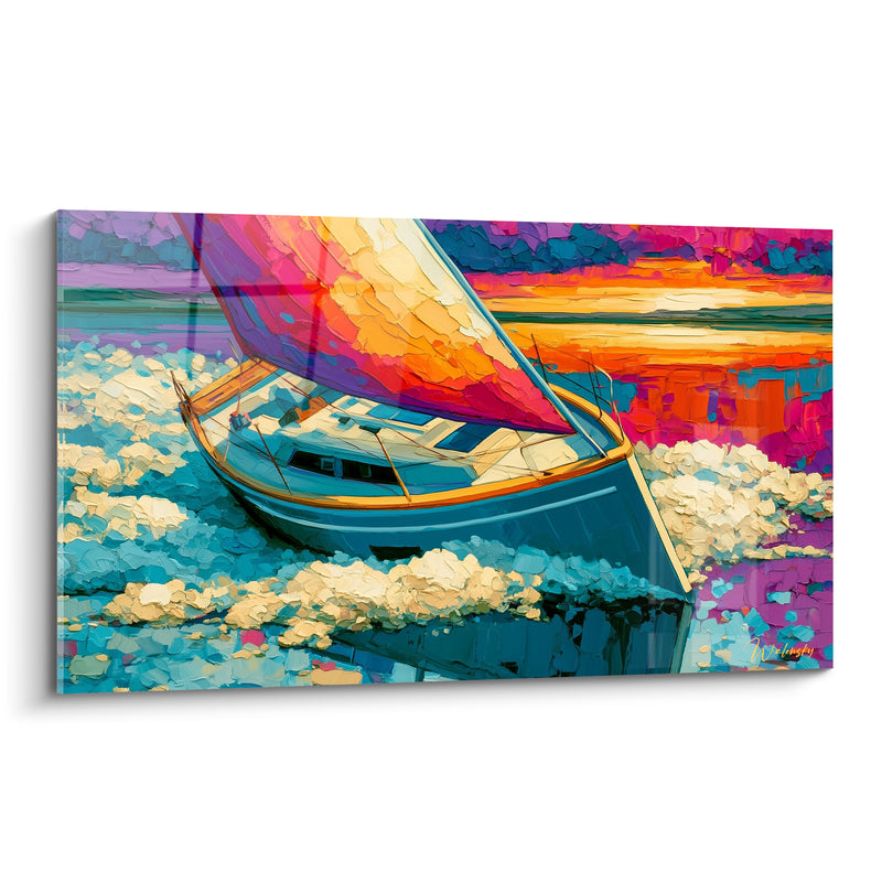Tableau Voilier bleu et orange sur écume crémeuse - Reflet du hublot - Edition Bateau abstrait