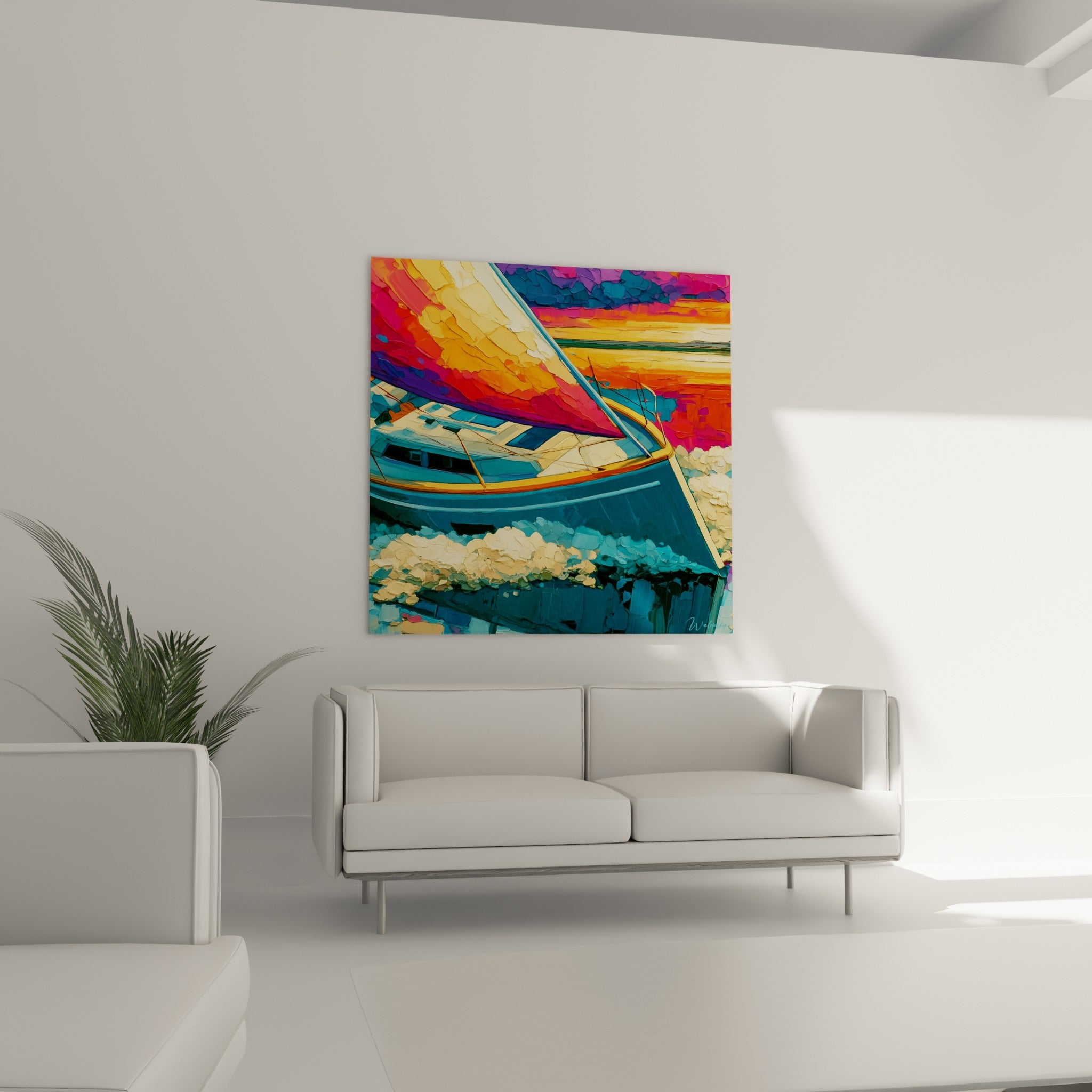 Coque bleu marine et voile orange vif du bateau abstrait, au-dessus d'un canapé dans un salon lumineux
