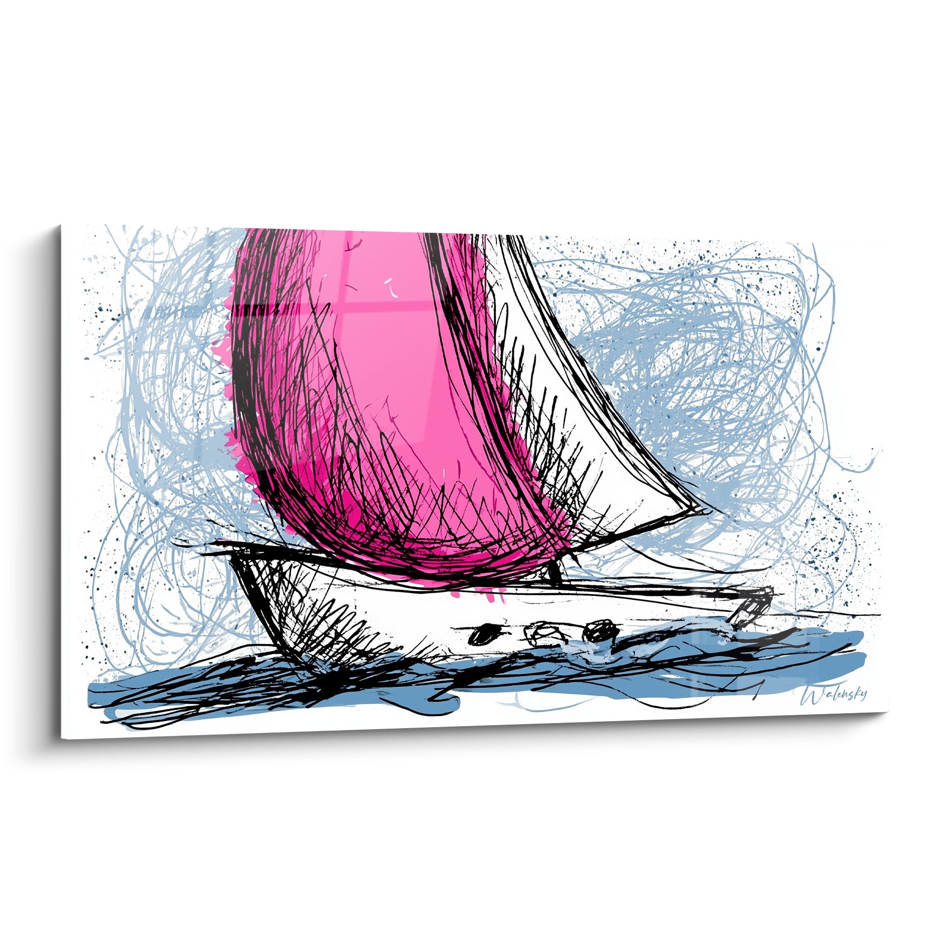 Voilier esquissé au trait noir, voile rose fuchsia et fond bleu tourbillonnant sur fond blanc
