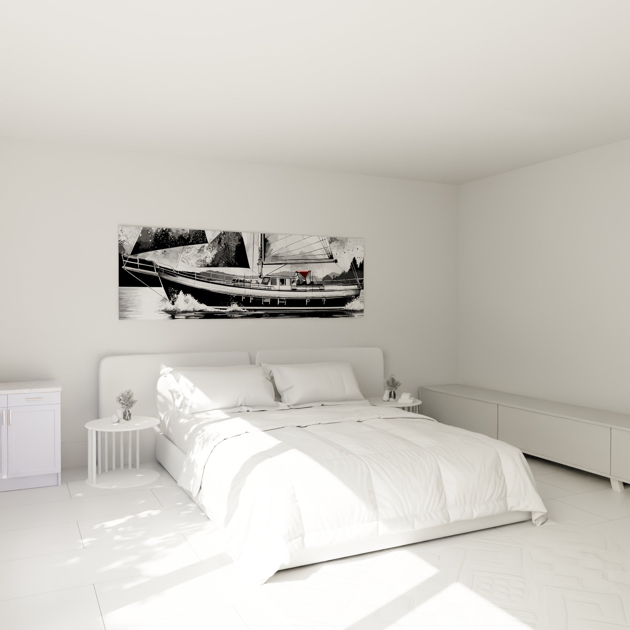 Voilier graphique noir et blanc à la touche rouge, accroché au-dessus d'un lit dans une chambre claire