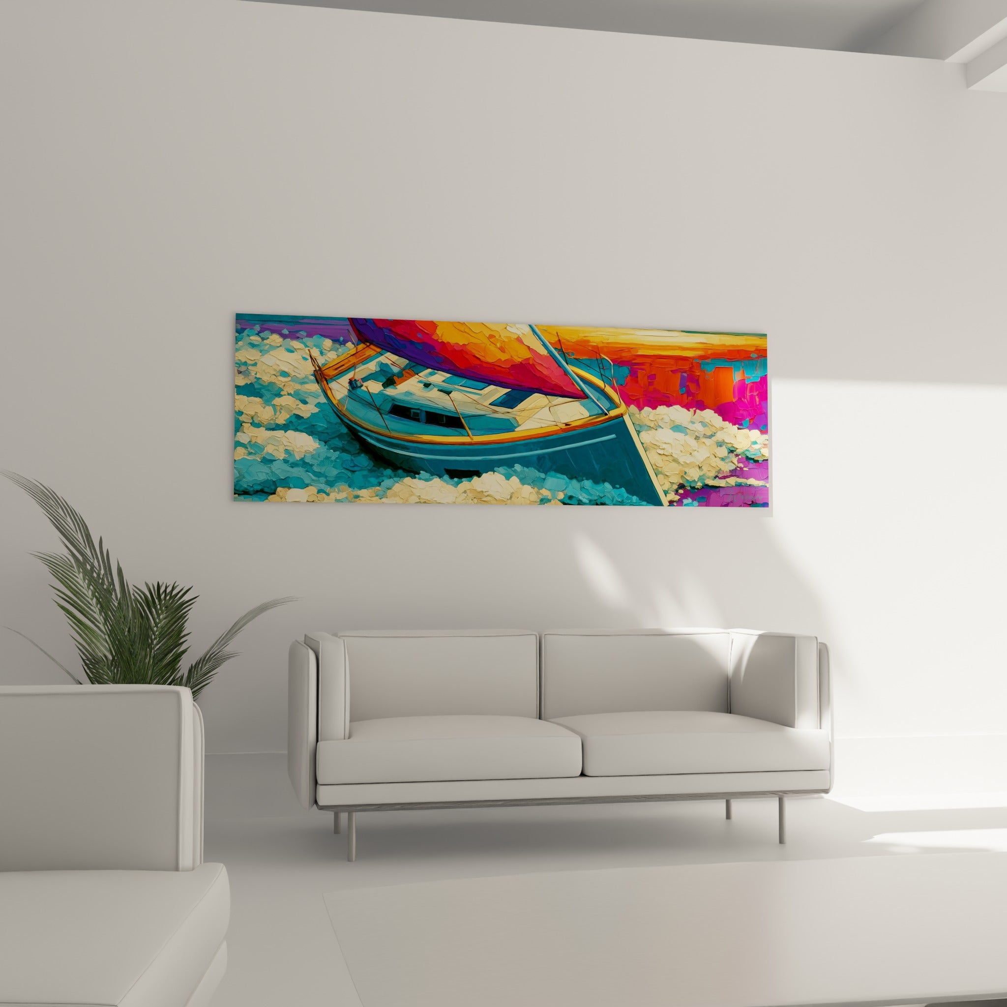 Voile rouge et orange d'un bateau abstrait surplombant un canapé dans un salon lumineux