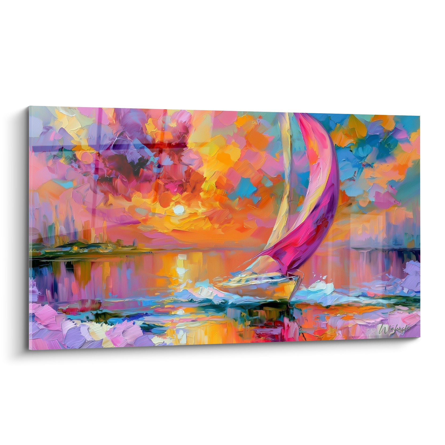 Voilier abstrait à voile violette et fuchsia glissant sur une mer orange et turquoise au couchant