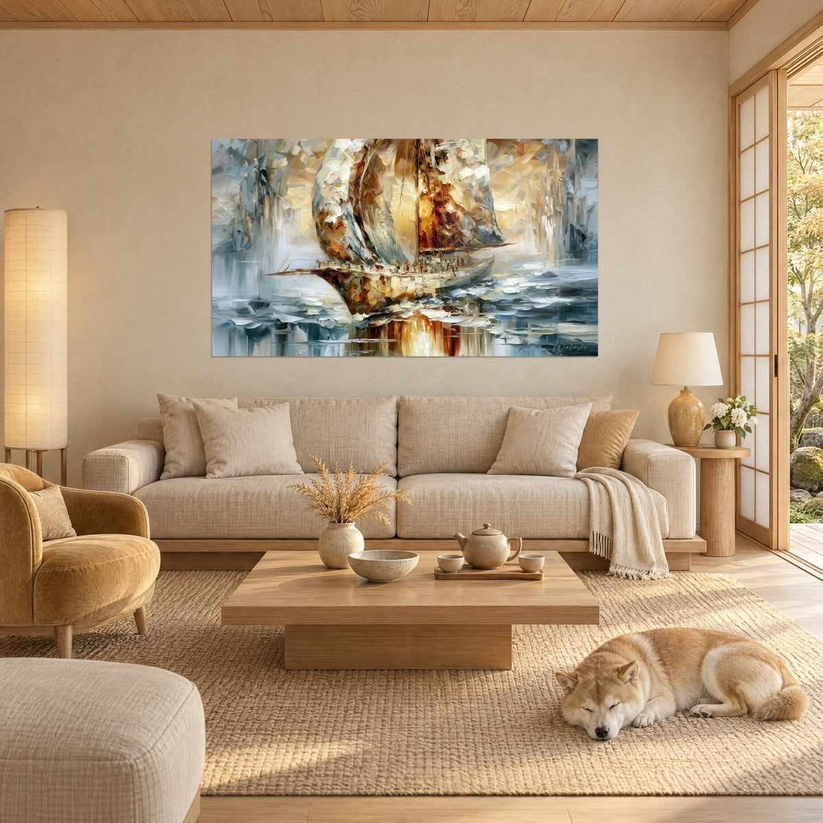 Schilderij van zeilboot met parelgrijze en okerkleurige zeilen dik met het paletmes aangezet, gouden weerspiegeling op het water, een shiba die op een bank boven een sofa ligt in een lichte woonkamer