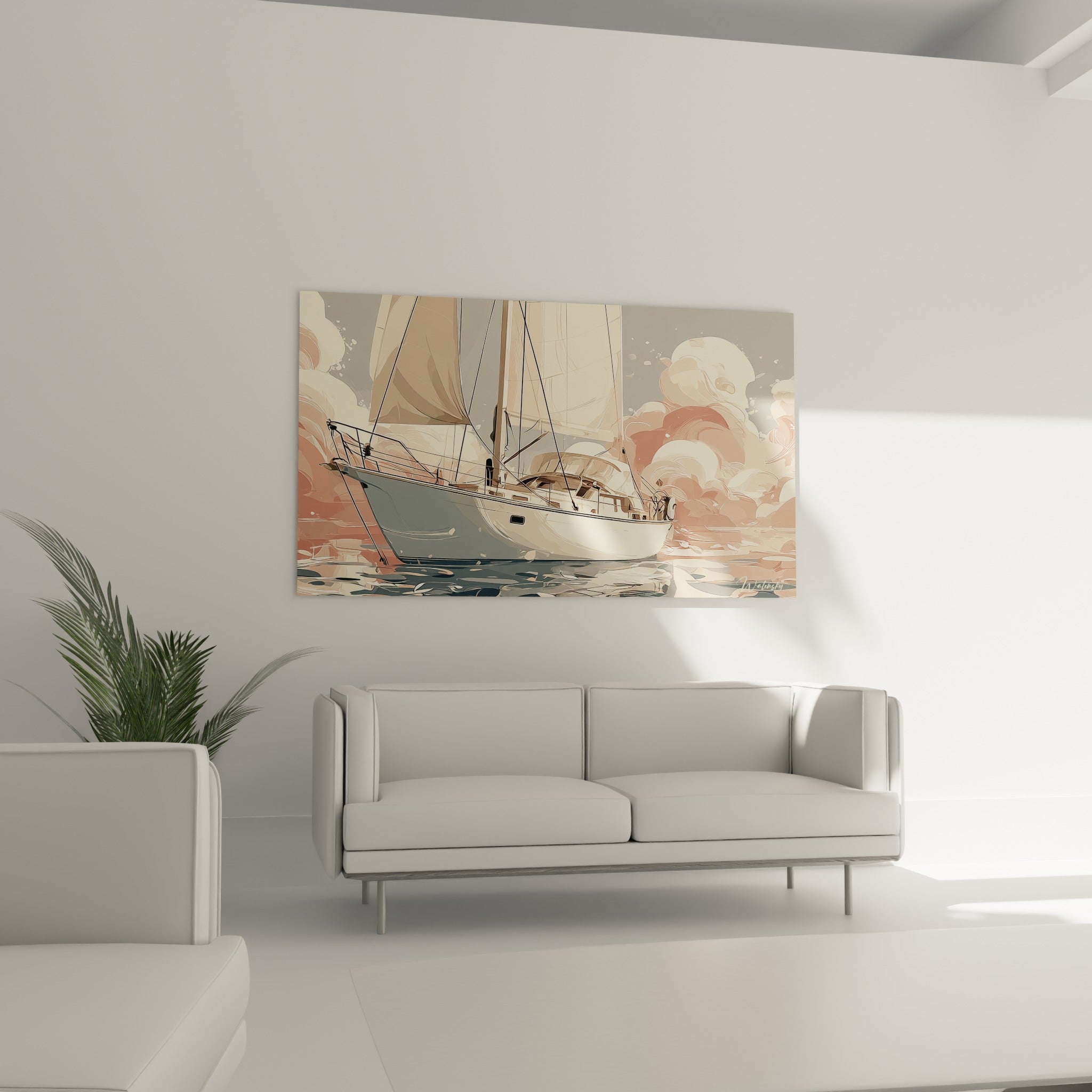 Embarcation gris-crème voguant sous un ciel abricot, disposée au-dessus d'un canapé dans un salon lumineux