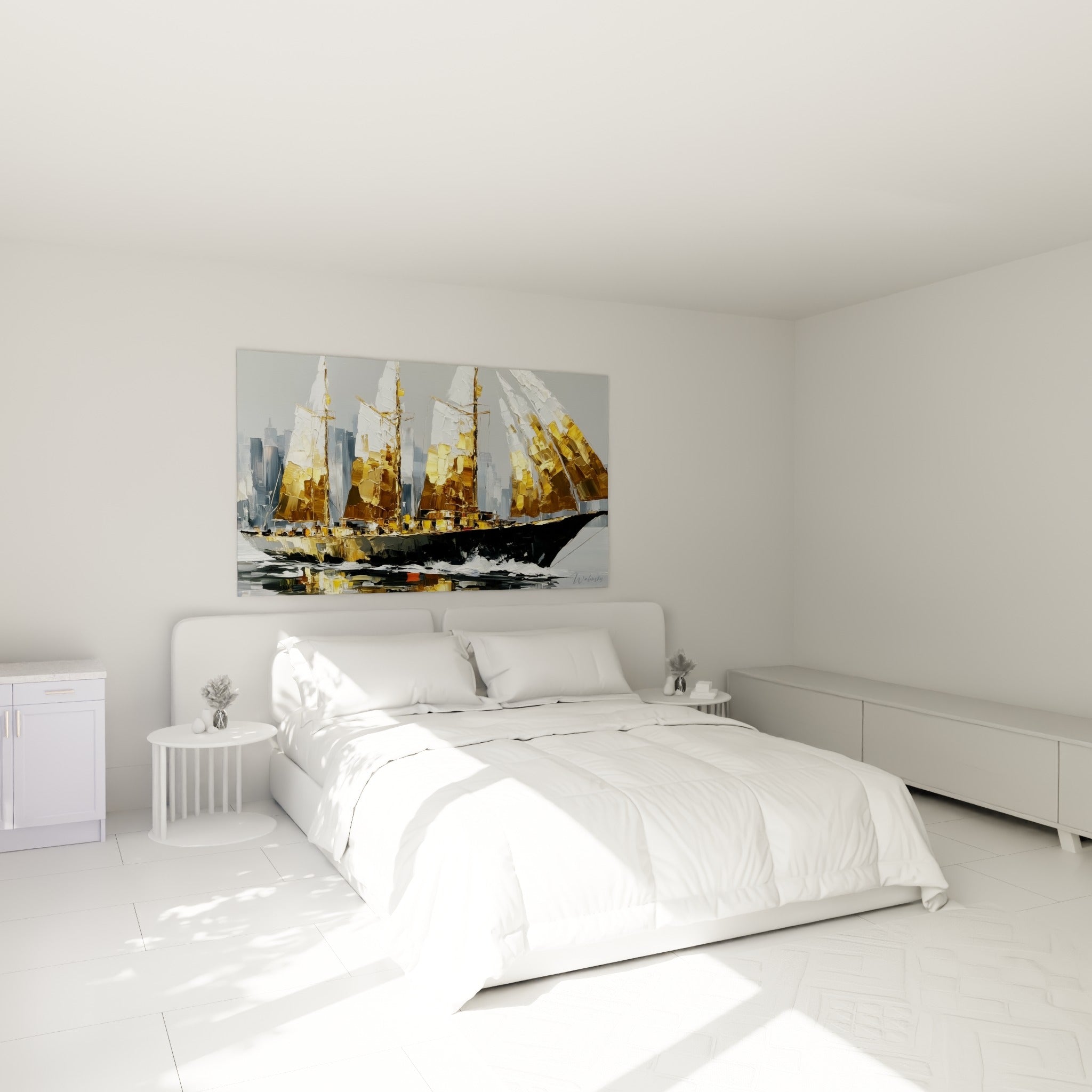 Grand voilier doré et gris texturé accroché au-dessus d'un lit dans une chambre claire.