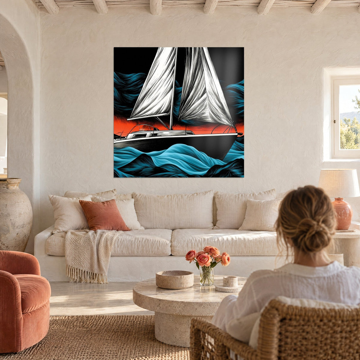 Schilderij zeilboot met witte zeilen gehesen tegen een zwarte achtergrond, turquoise golven en oranje lucht, boven een bank in een lichte woonkamer