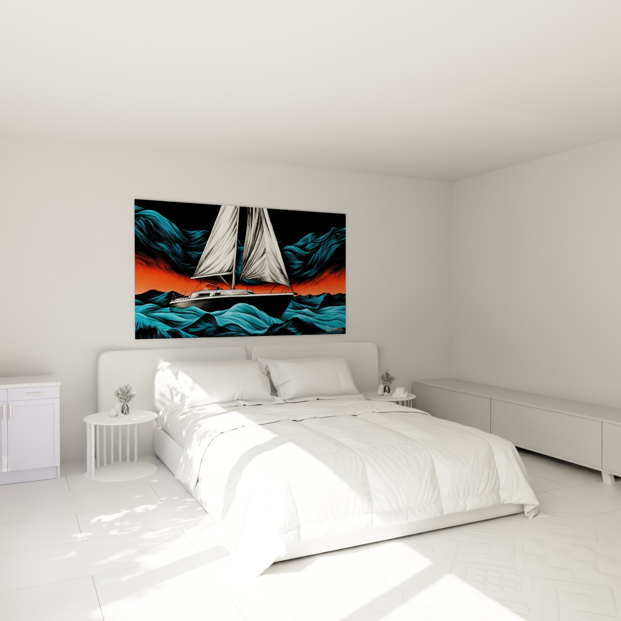 Bateau abstrait aux voiles blanches et vagues turquoise accroché au-dessus d'un lit dans une chambre claire