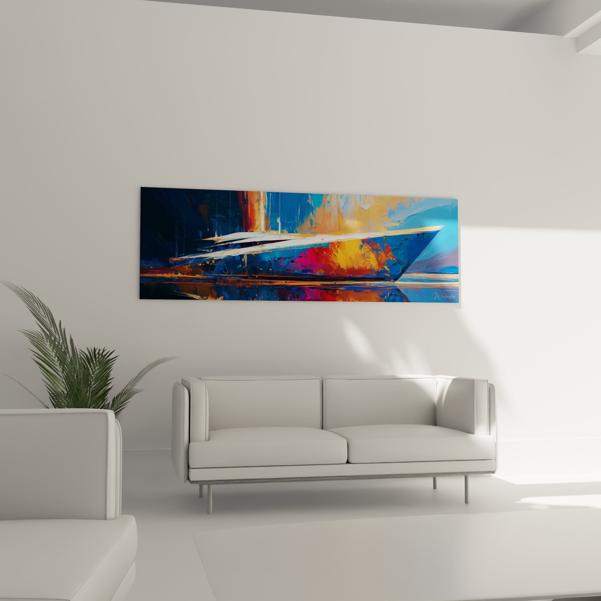 Bateau abstrait aux teintes bleu marine et orangées, voiles blanches texturées, au-dessus d'un canapé dans un salon lumineux