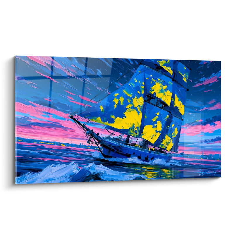 Tableau Voilier bleu et jaune sur mer déchaînée - Cap vers la tempête - Edition Bateau abstrait