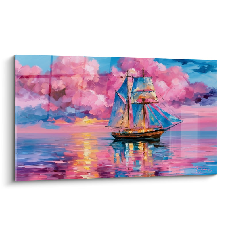 Tableau Voilier bleu et rose sous nuages cotonneux - Mâts entrecroisés dorés - Edition Bateau abstrait