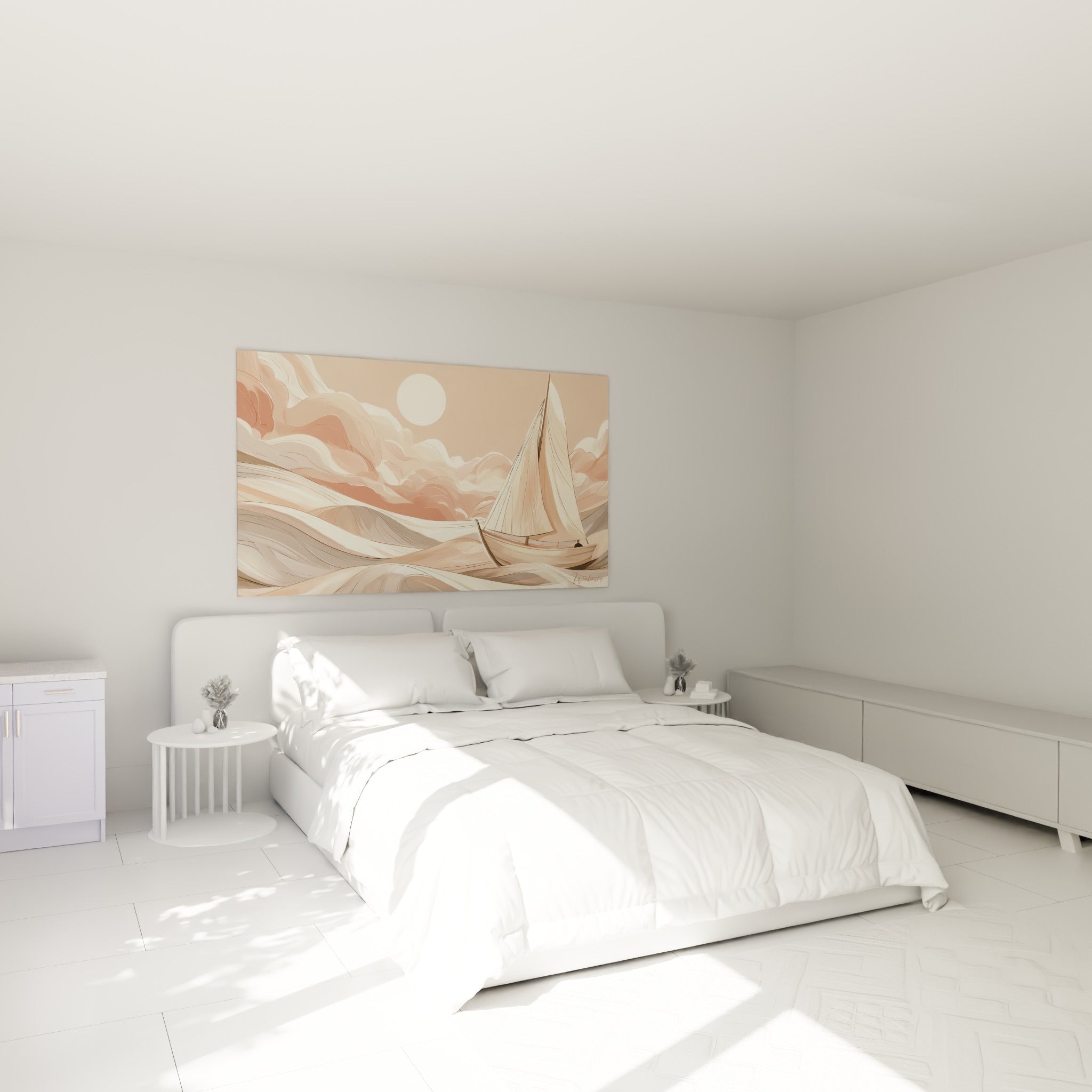 Voiles beige et vagues ocre du tableau bateau abstrait, accrochées au-dessus d'un lit dans une chambre claire