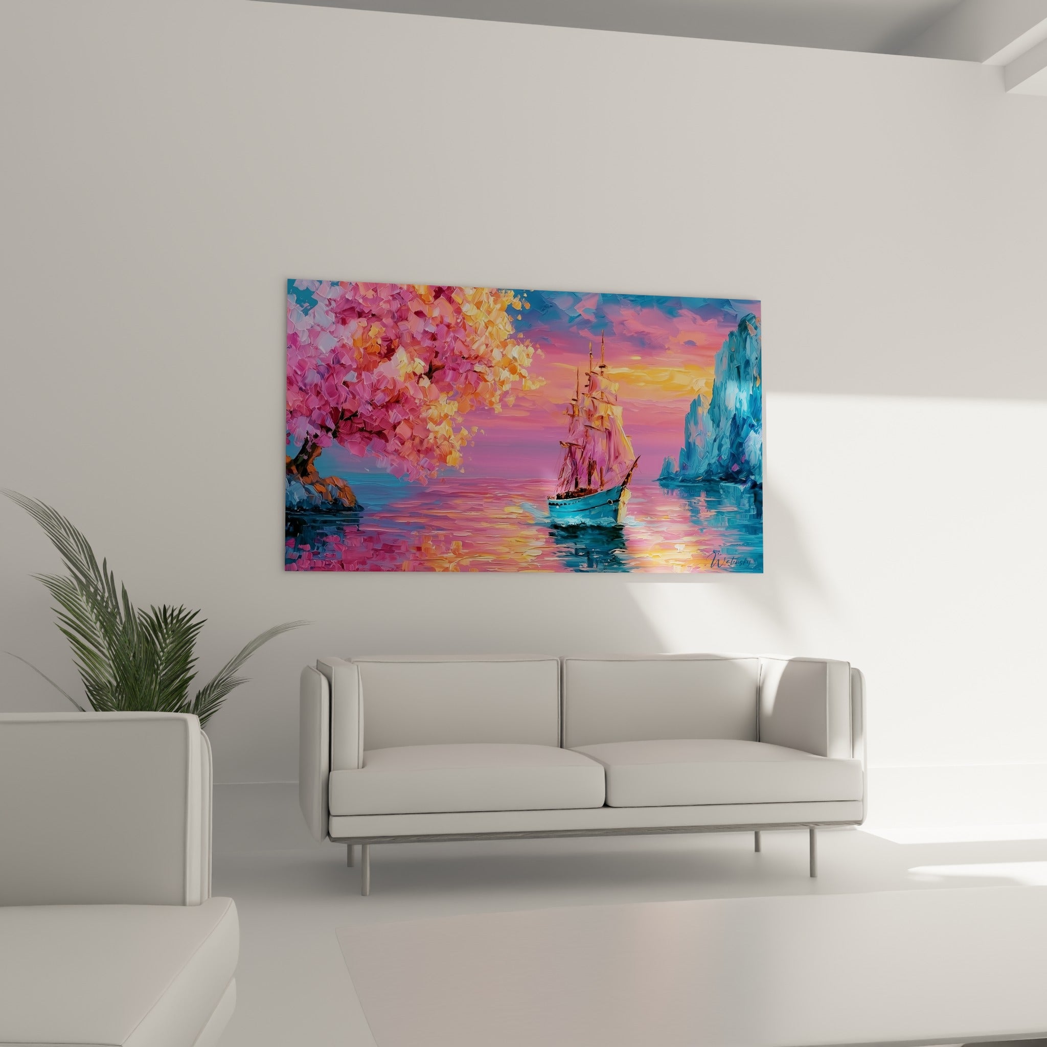 Voilier et falaise bleu ardoise sous ciel violet, disposé au-dessus d'un canapé dans un salon lumineux