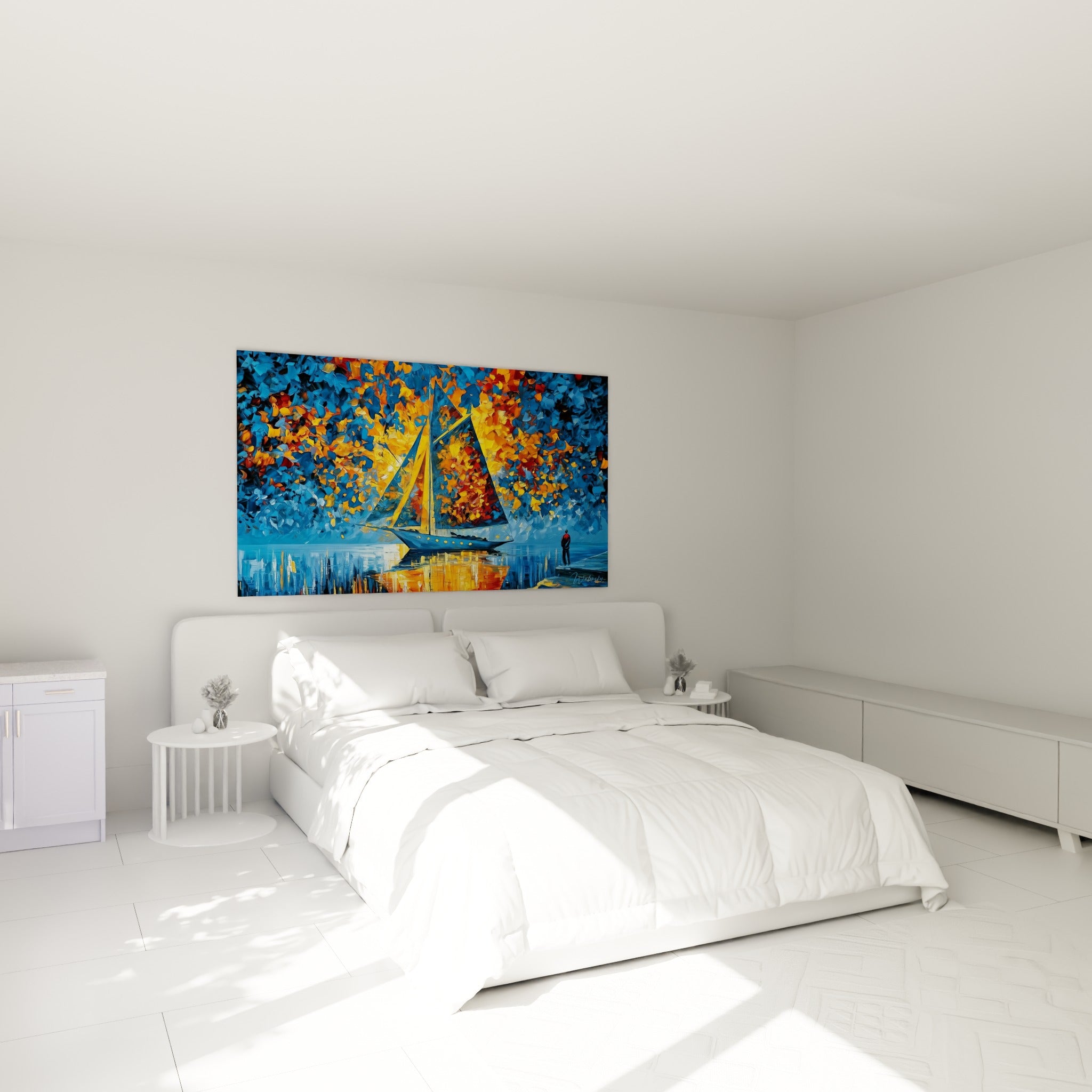Voilier orange et bleu vibrant, peinture au couteau, au-dessus d'un lit dans une chambre claire