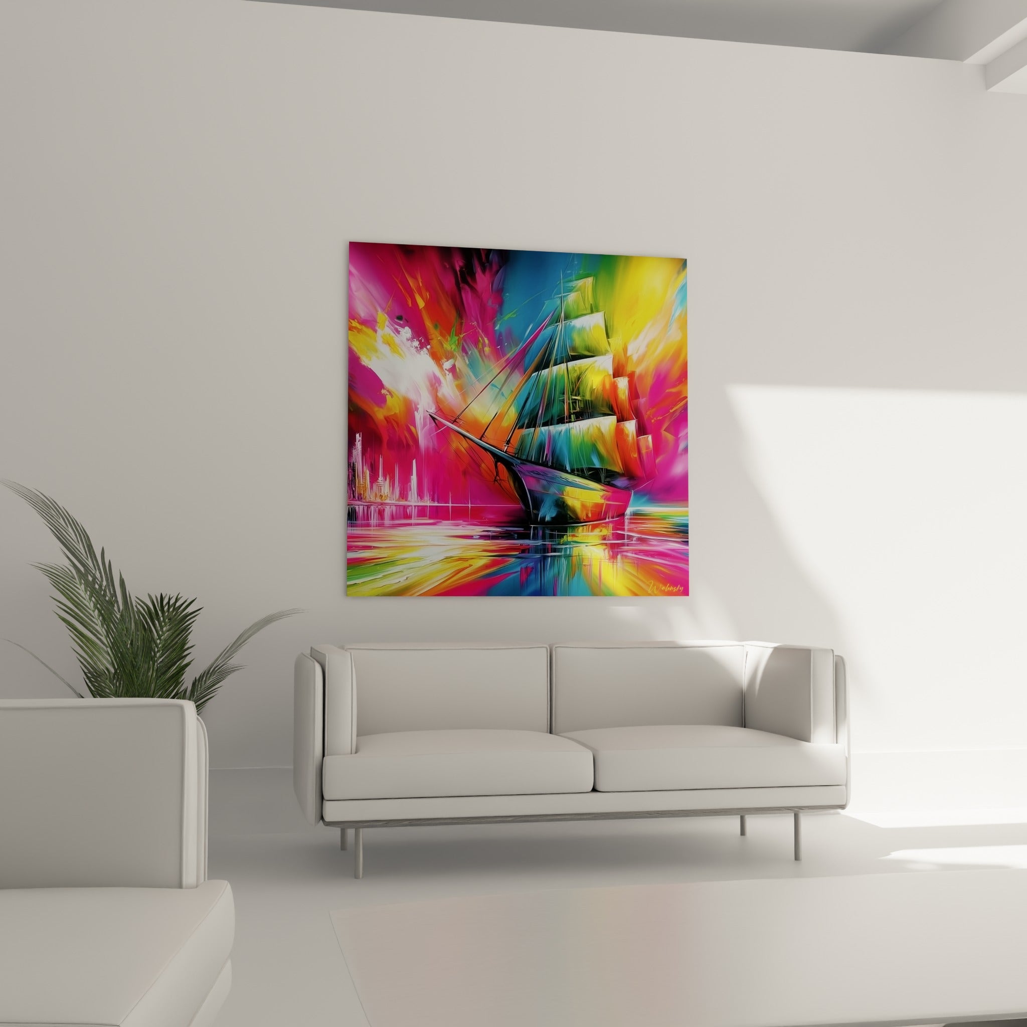 Coque sombre et voiles multicolores d'un bateau abstrait, suspendues au-dessus d'un canapé dans un salon lumineux