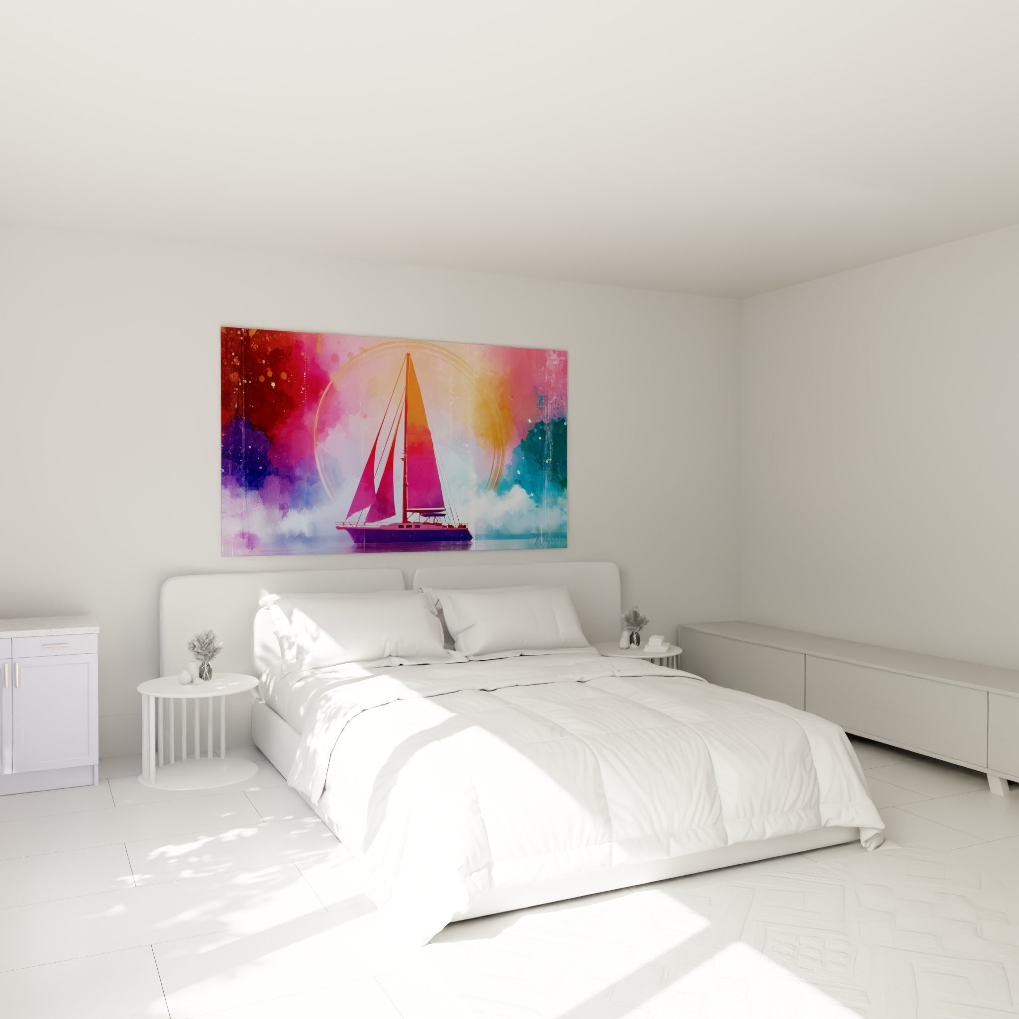 Silhouette de voilier rose et turquoise aux voiles éclatantes, au-dessus d'un lit dans une chambre claire