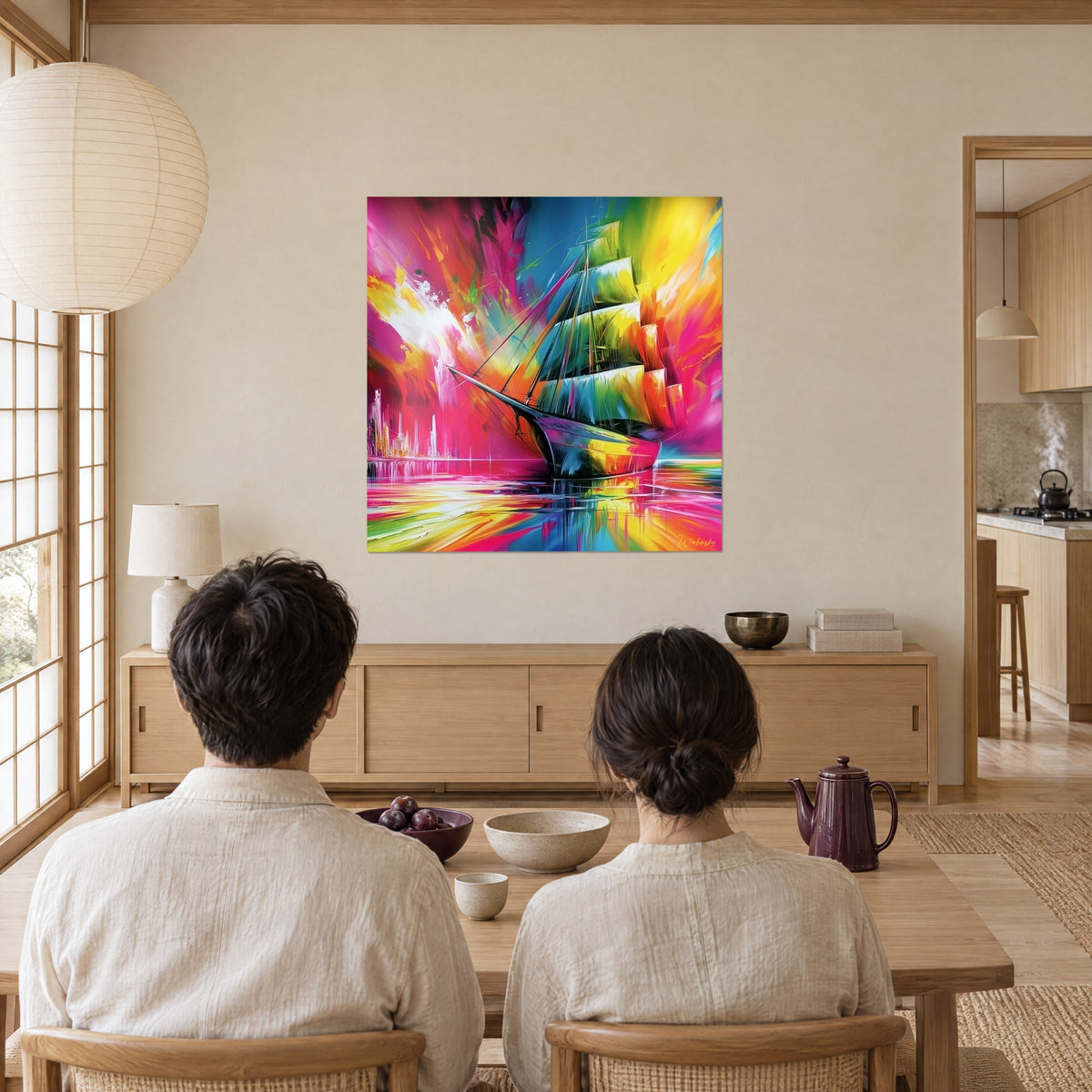 Cuadro navío colorido con velas verde ácido y amarillas, mar rosa y cielo fucsia, una pareja de espaldas lo admira desde la mesa