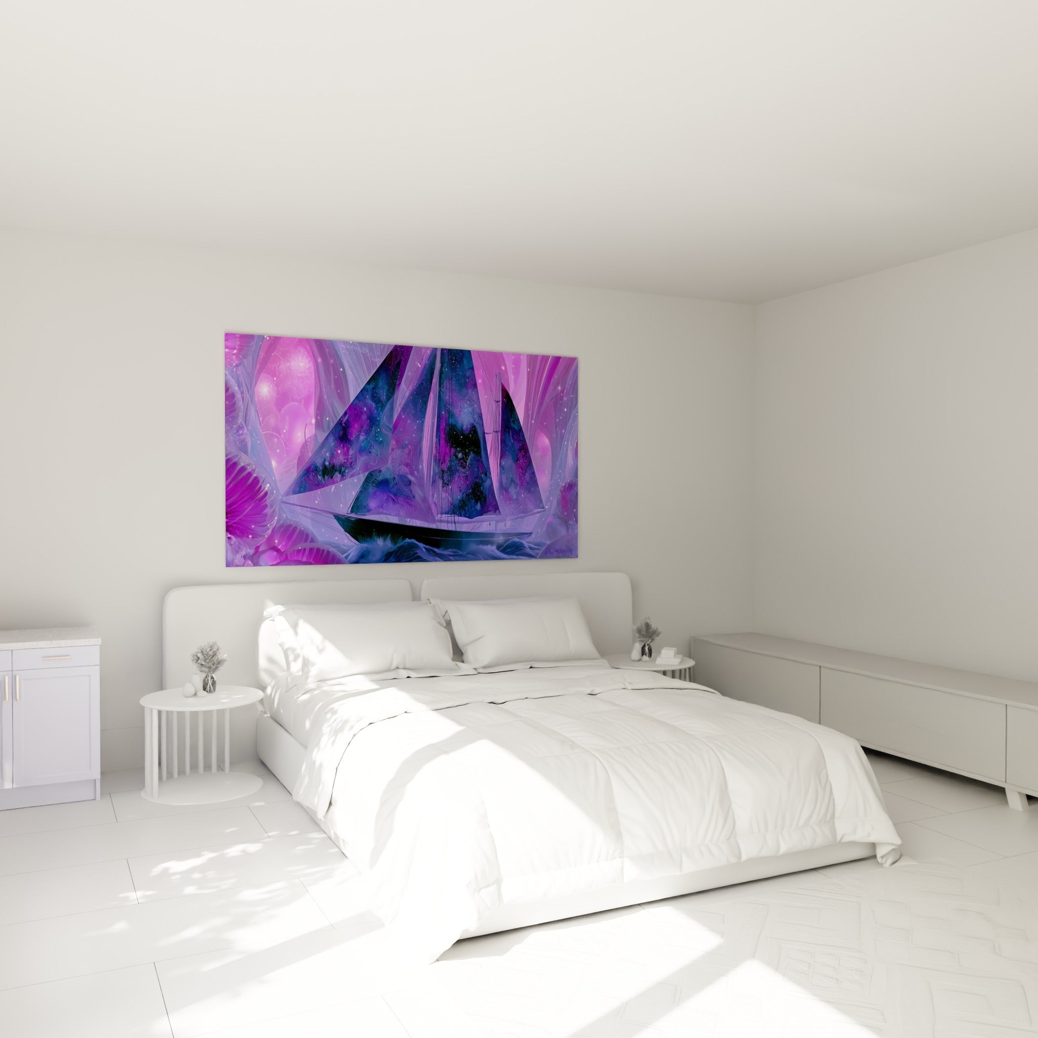 Embarcation mauve et bleu nuit voguant sur vagues stylisées, au-dessus d'un lit dans une chambre claire