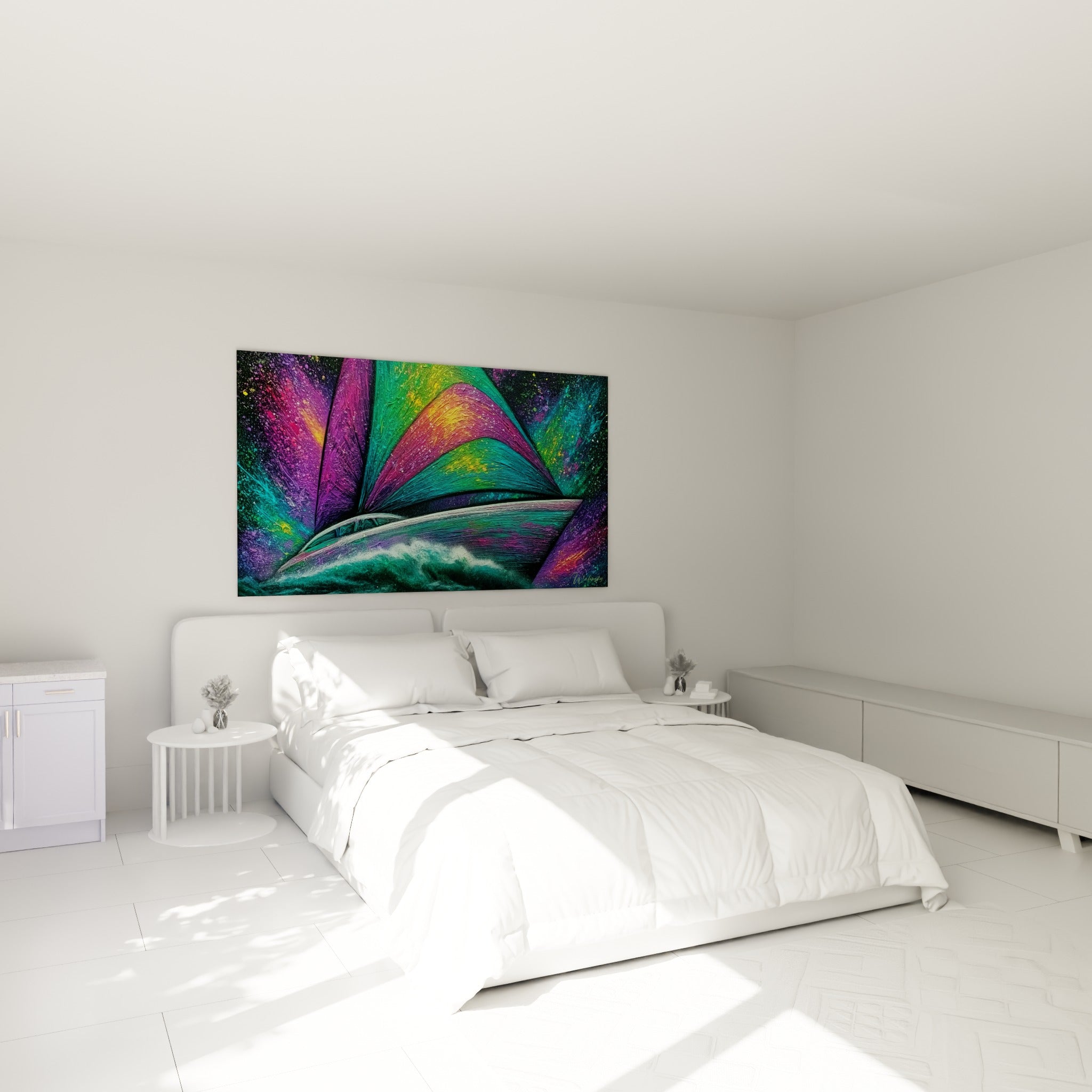 Bateau abstrait turquoise et doré aux voiles vibrantes, au-dessus d'un lit dans une chambre claire