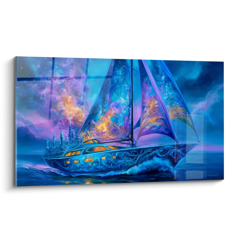 Tableau Voilier bleu et doré aux voiles nébuleuses - Odyssée céleste - Edition Bateau abstrait