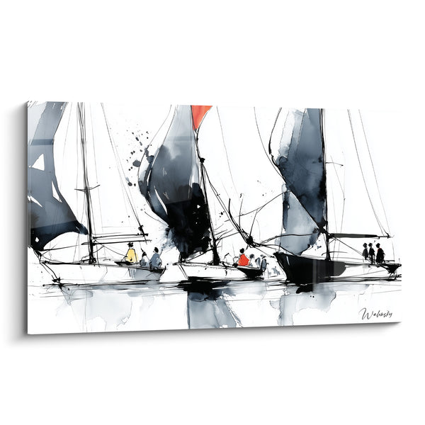 Black Sailboats and Orange Flame Ink Painting - Silent Regatta - Abstract Boat Edition