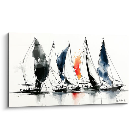 Cinq voiliers en encre noire et voile orangée glissent sur une eau blanche, tableau bateau abstrait