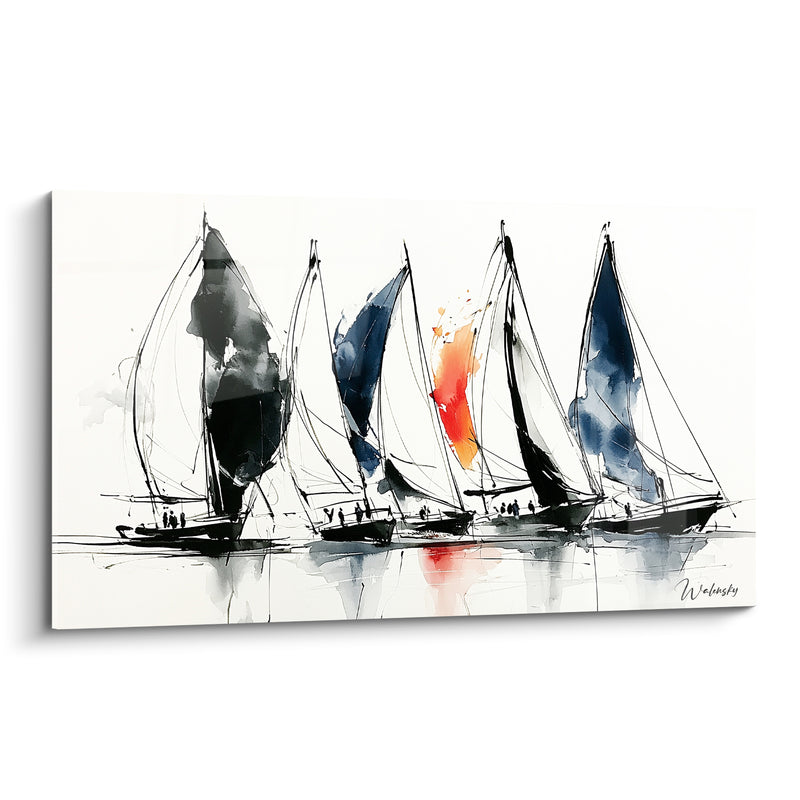 Tableau Voiliers encre noire et voile orangée - Départ de régate - Edition Bateau abstrait