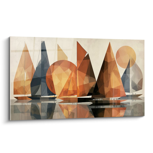 Cuadro Veleros geométricos con velas ocre y azul marino - Travesía al atardecer - Edición Barco abstracto