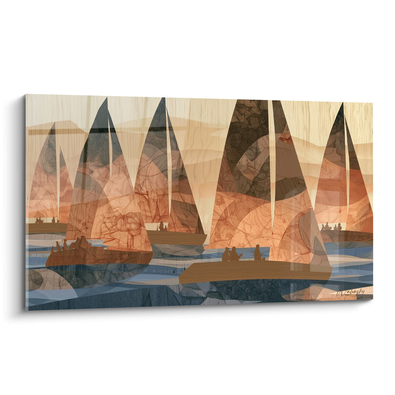 Tableau Voiliers ocre et bleu marine au couchant - Régate au crépuscule - Edition Bateau abstrait
